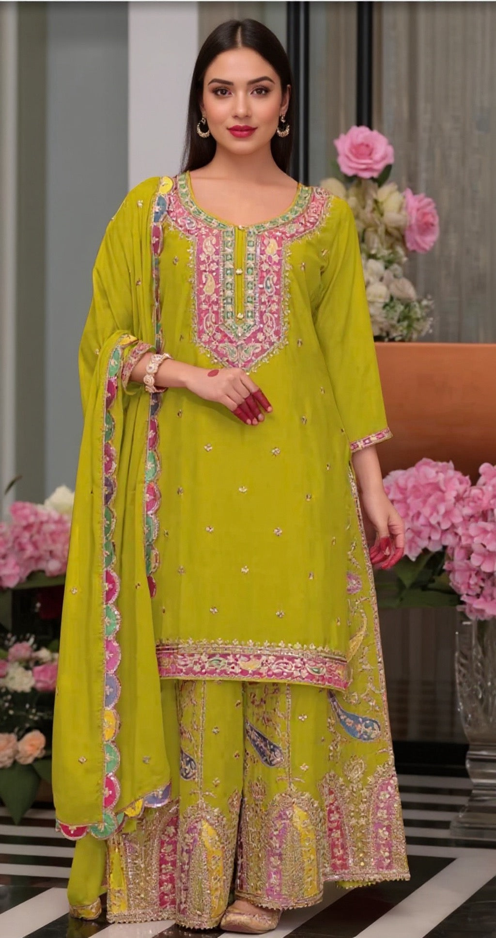 Bright Lime Green Chinon Fabric Suit - Premium Ethnic Wear | Pooja Textile
