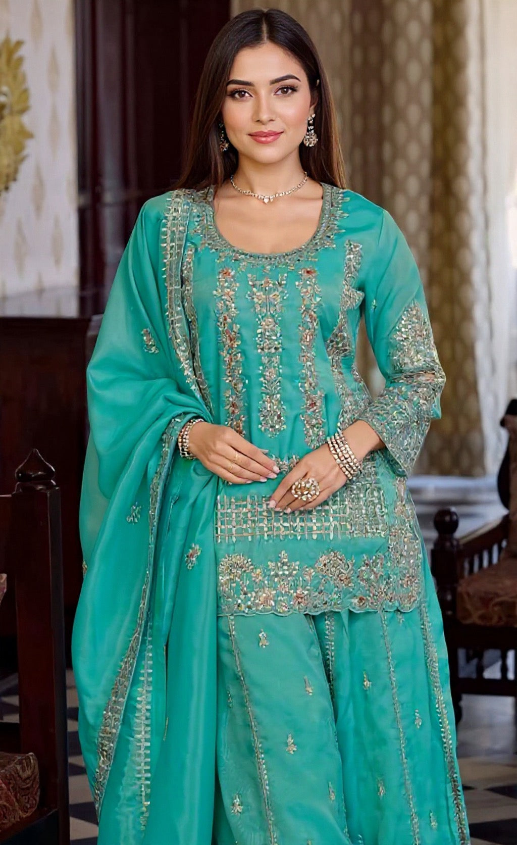 Teal Blended Silk Suit Set - Premium Ethnic Wear | Pooja Textile