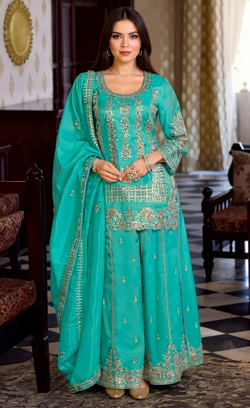 Teal Blended Silk Suit Set - Premium Ethnic Wear | Pooja Textile
