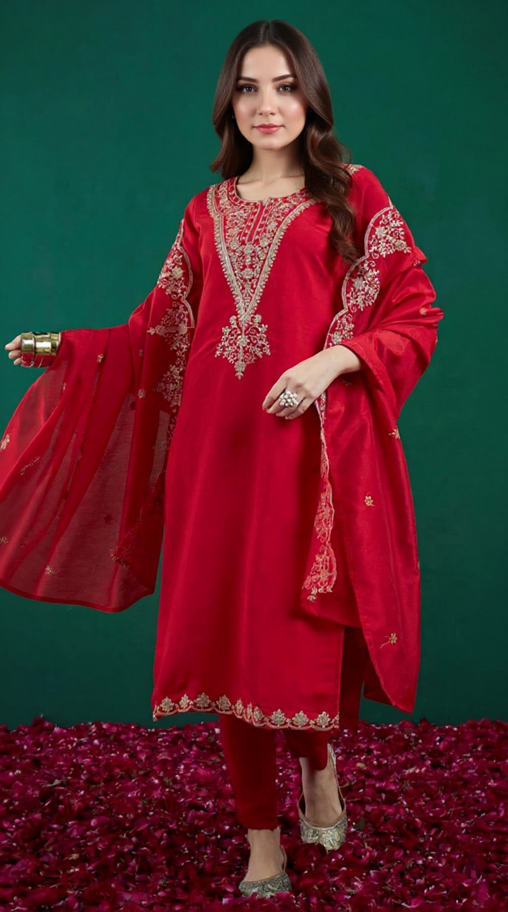 Red Embroidered Blended Silk Suit Set - Complete Traditional Outfit | Pooja Textile