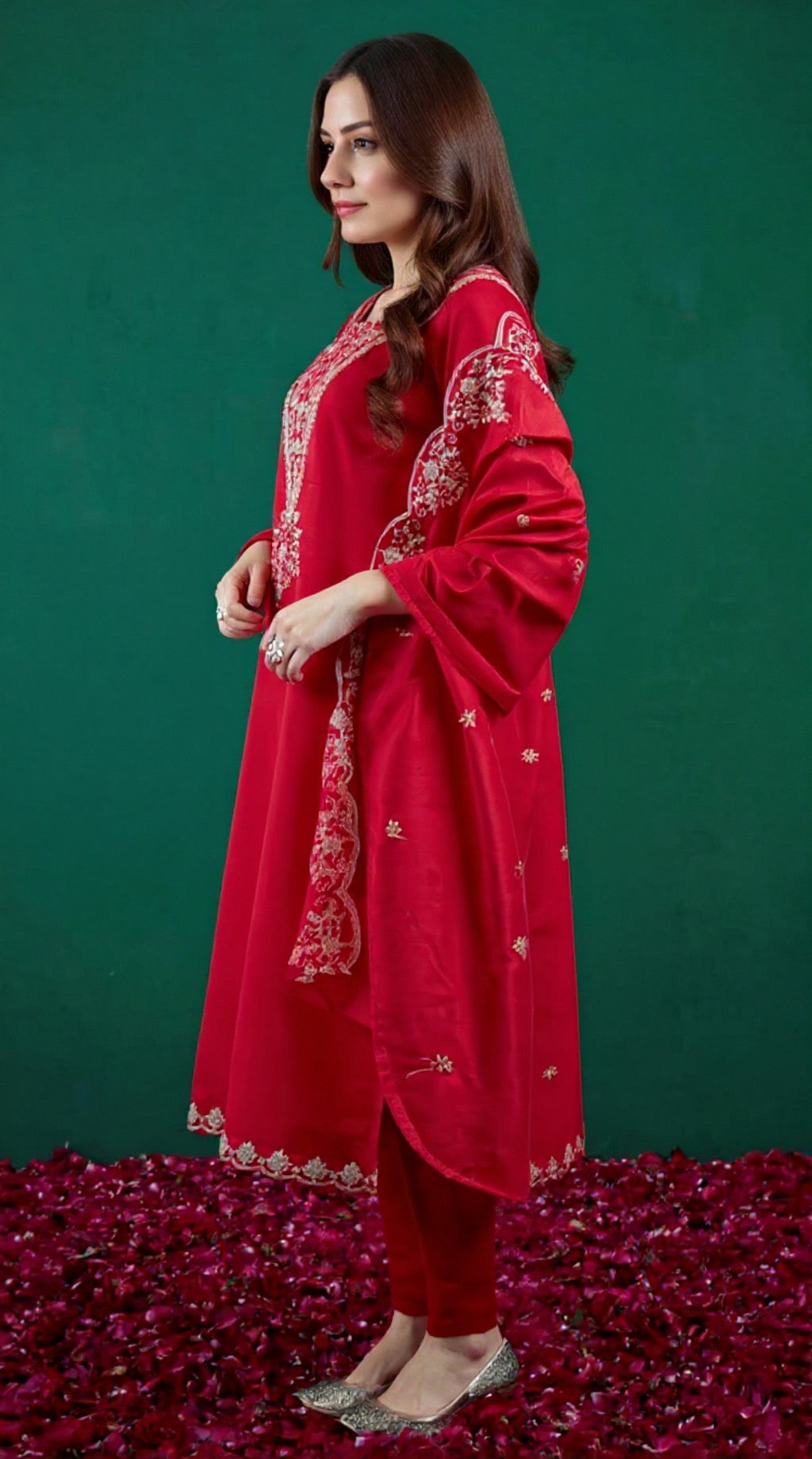 Red Embroidered Blended Silk Suit Set - Complete Traditional Outfit | Pooja Textile