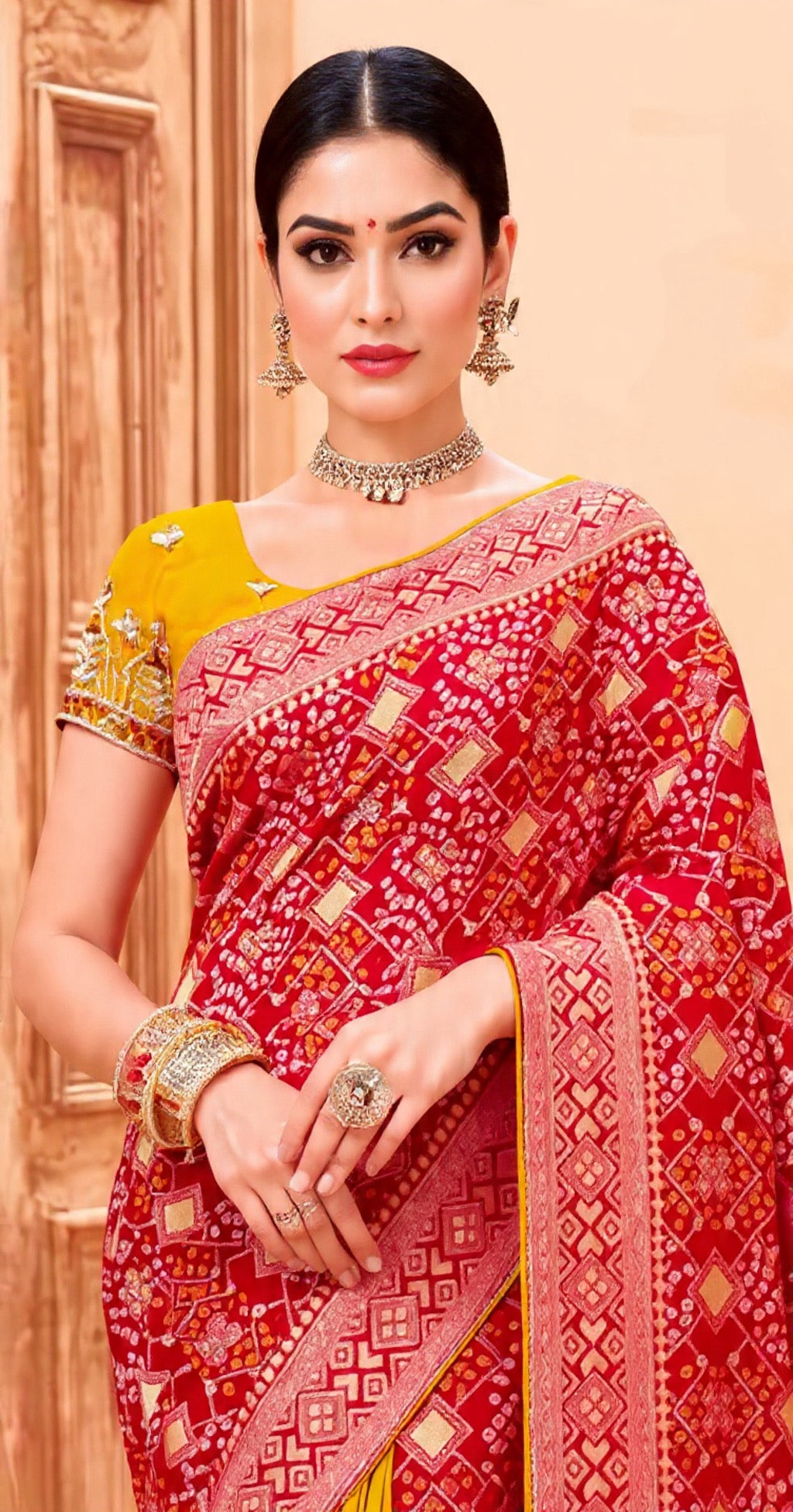 Red and Yellow Saree with Intricate Patterns - Traditional Indian Wear