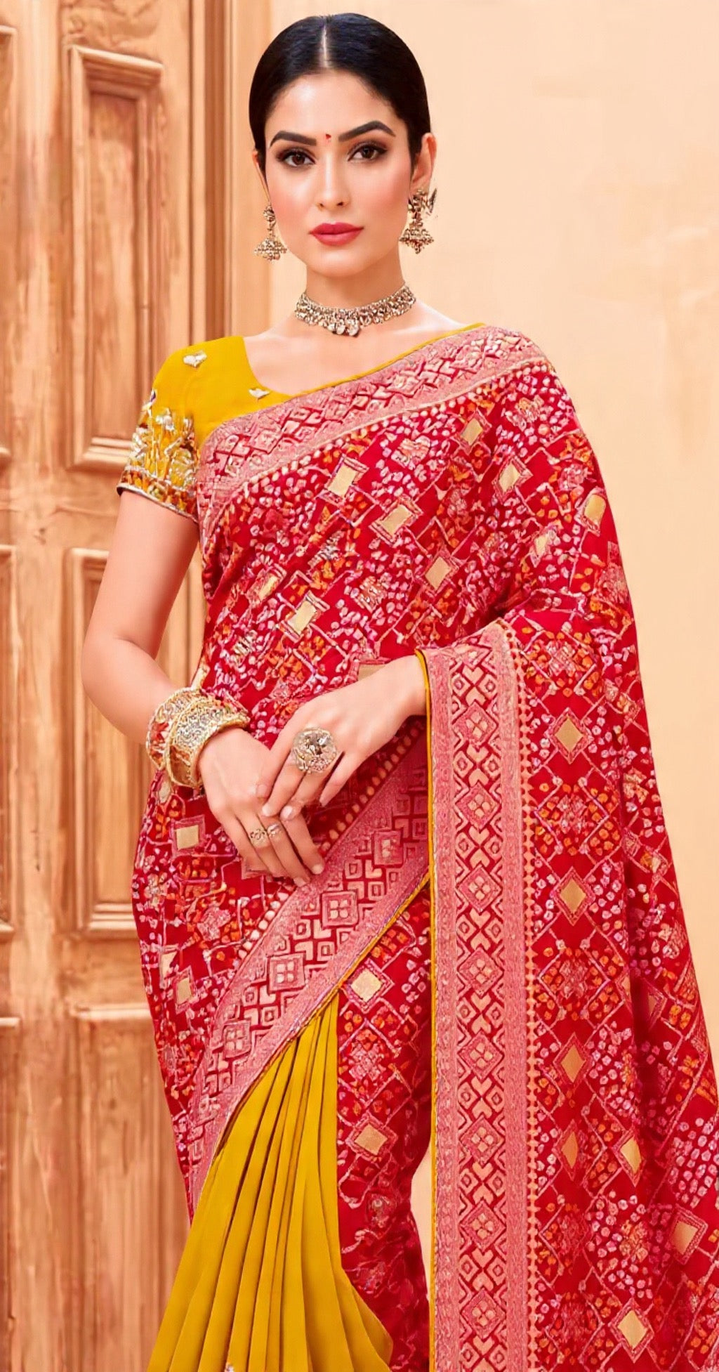 Red and Yellow Saree with Intricate Patterns - Traditional Indian Wear