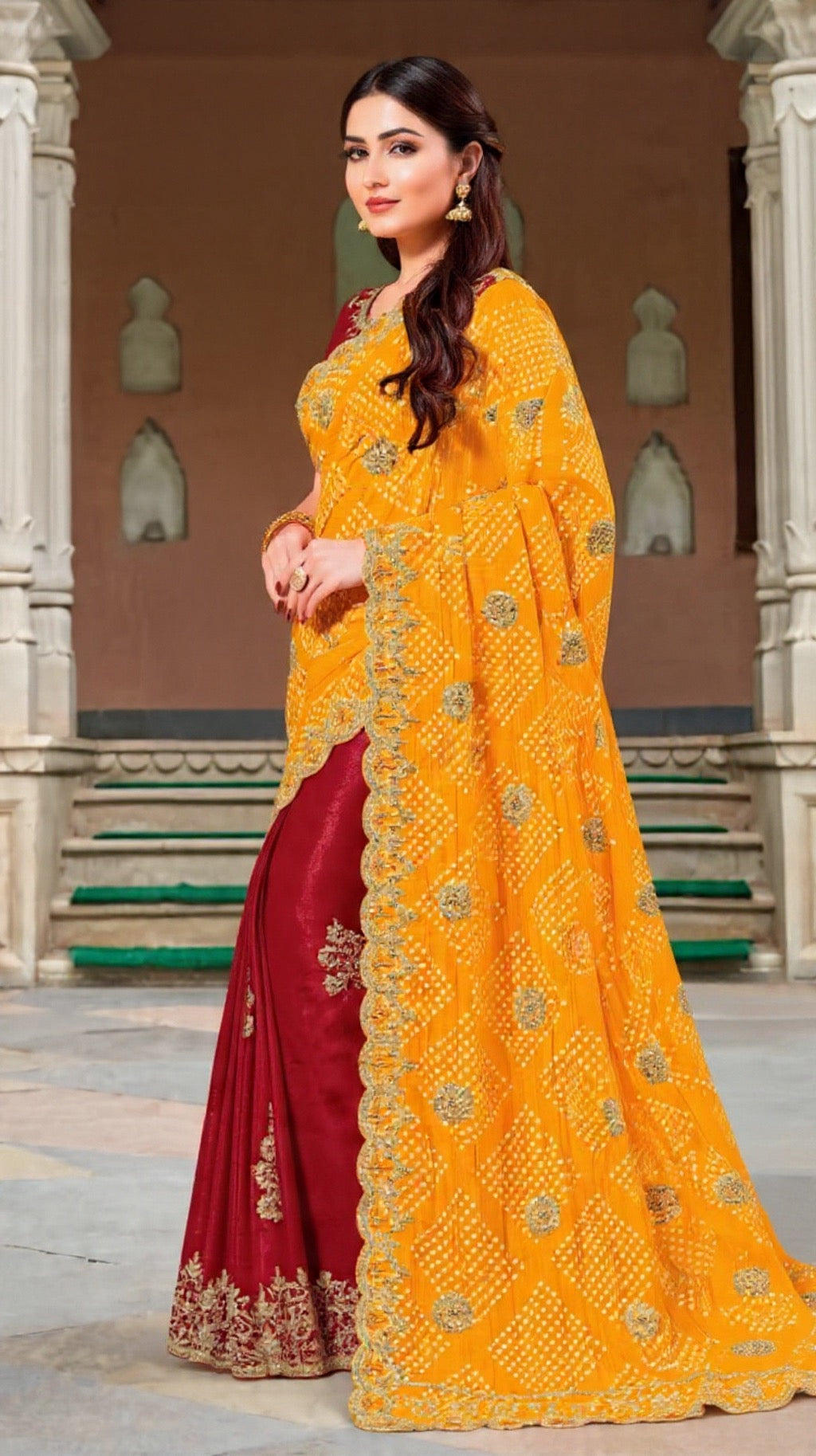 Yellow and Red Saree with Decorative Border - Pooja Textile