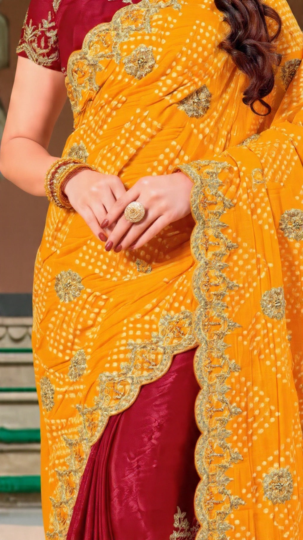 Yellow and Red Saree with Decorative Border - Pooja Textile