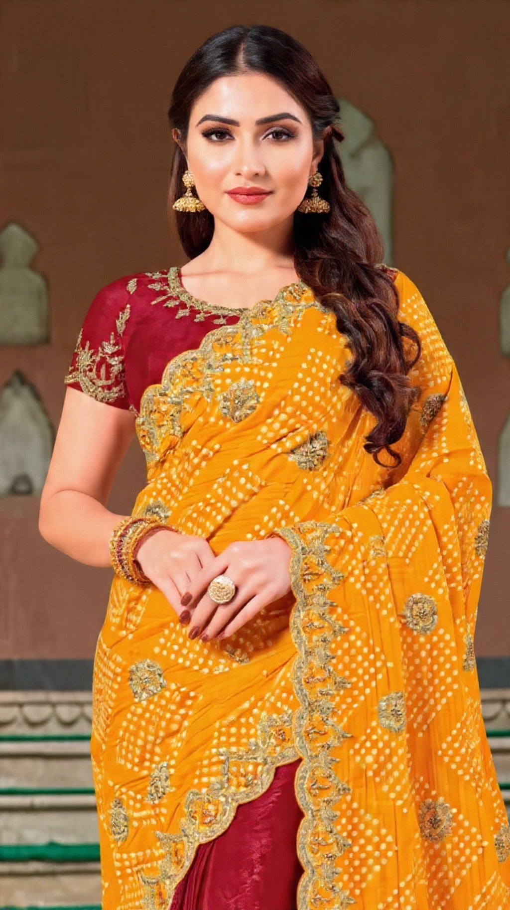 Yellow and Red Saree with Decorative Border - Pooja Textile