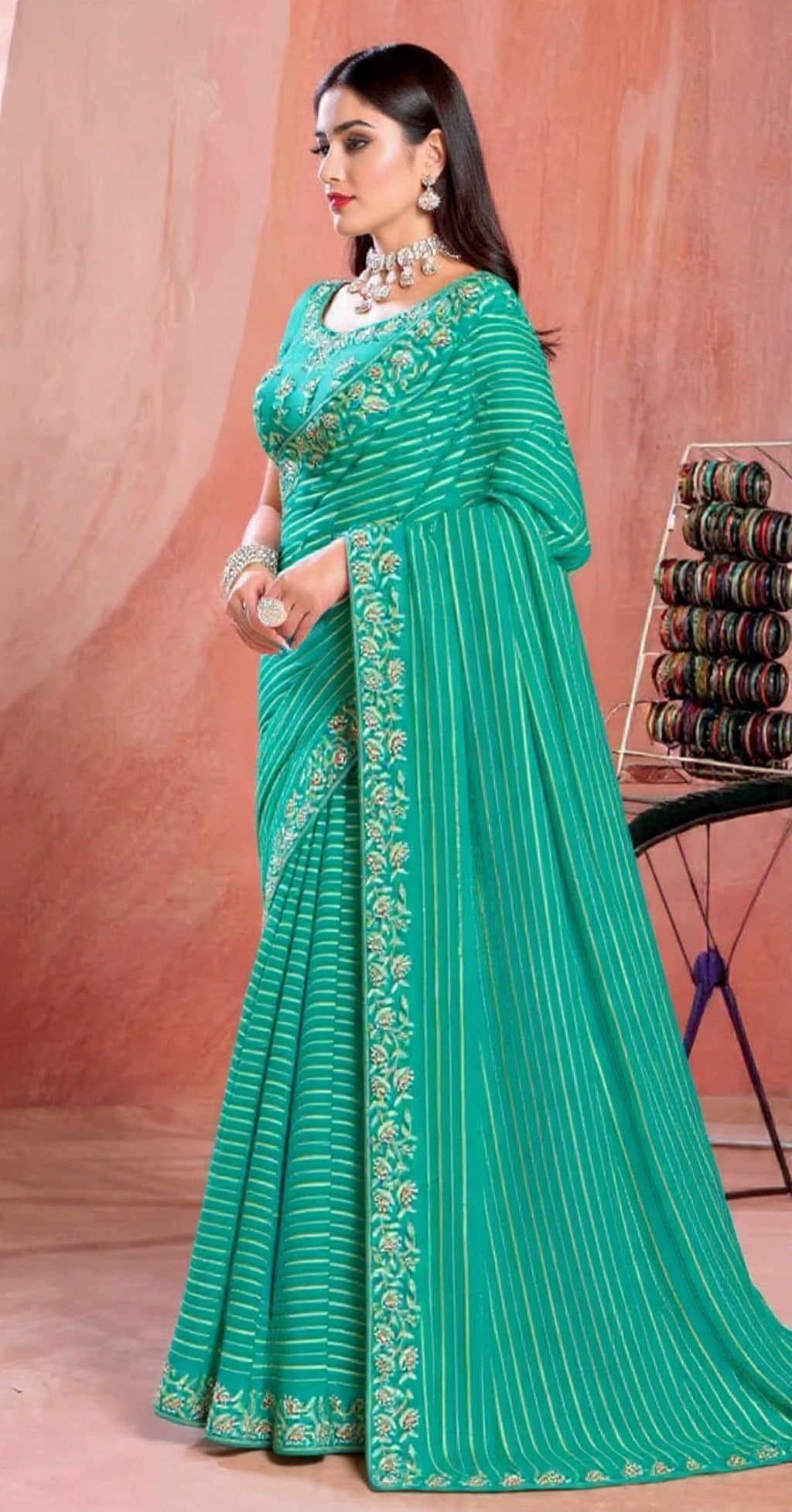 Green Mixed Fabric Embroidered Saree - Pooja Textile