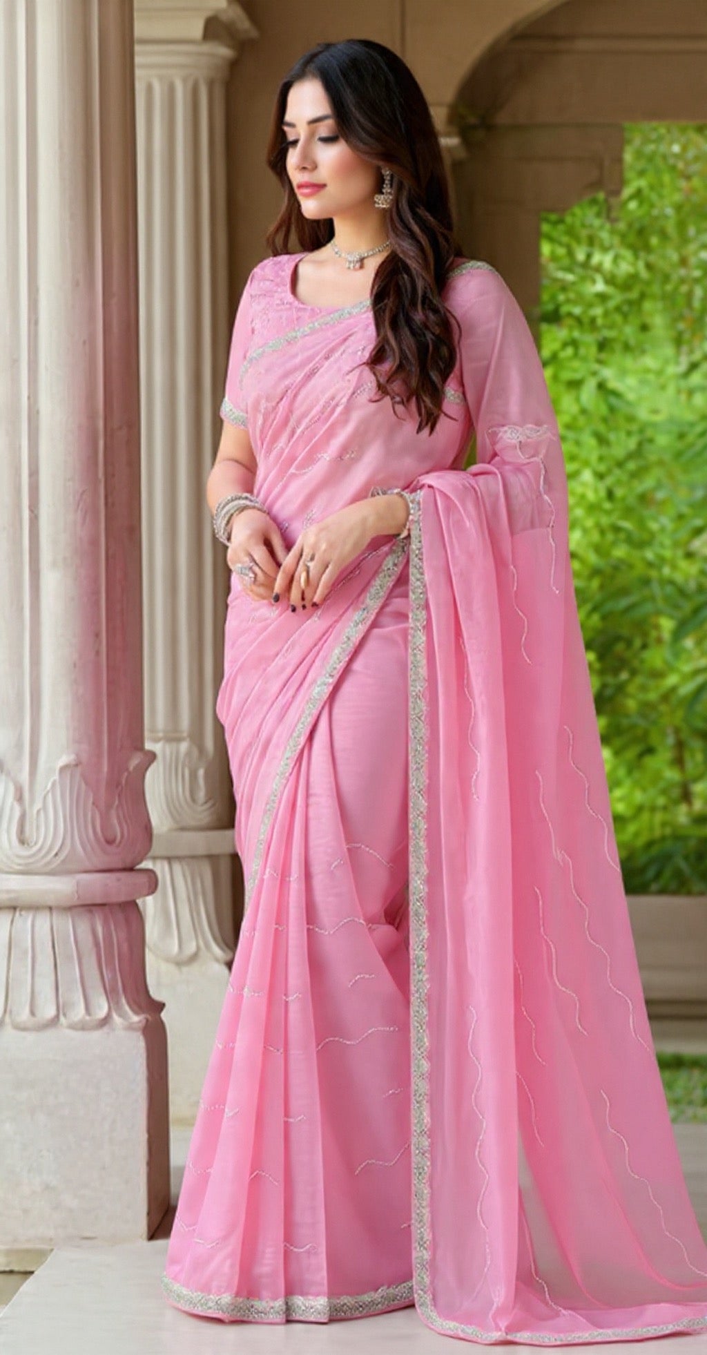Pink Mixed Fabric Embroidered Saree - Pooja Textile