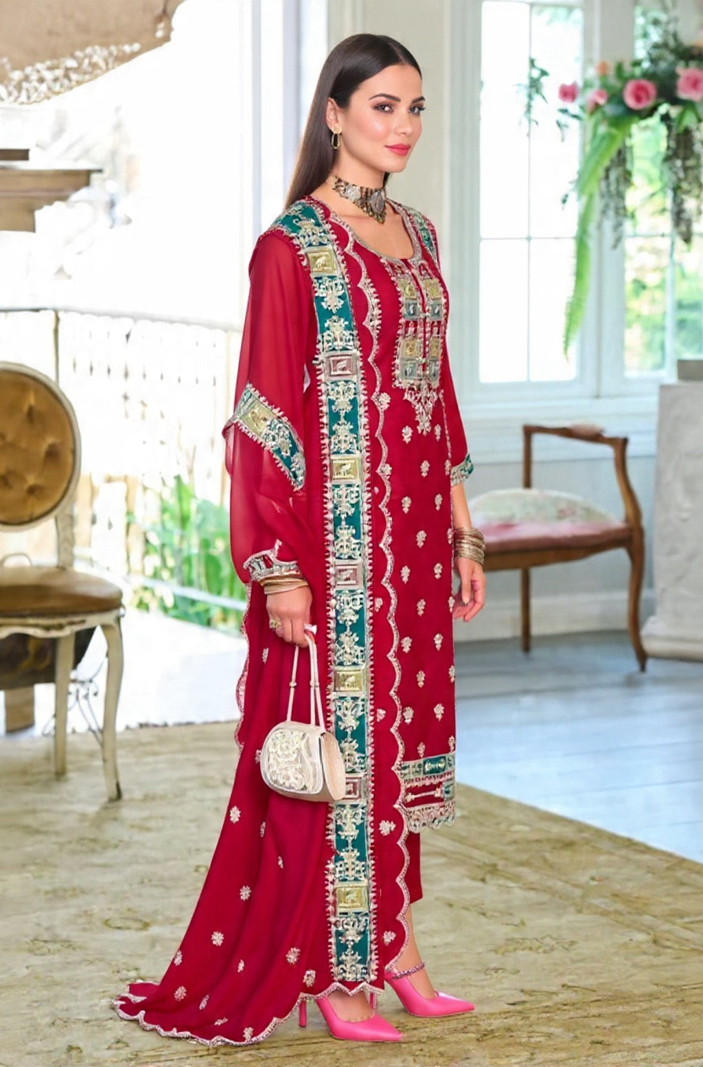 Red Embroidered Chinon Suit Set - Traditional Indian Ethnic Wear