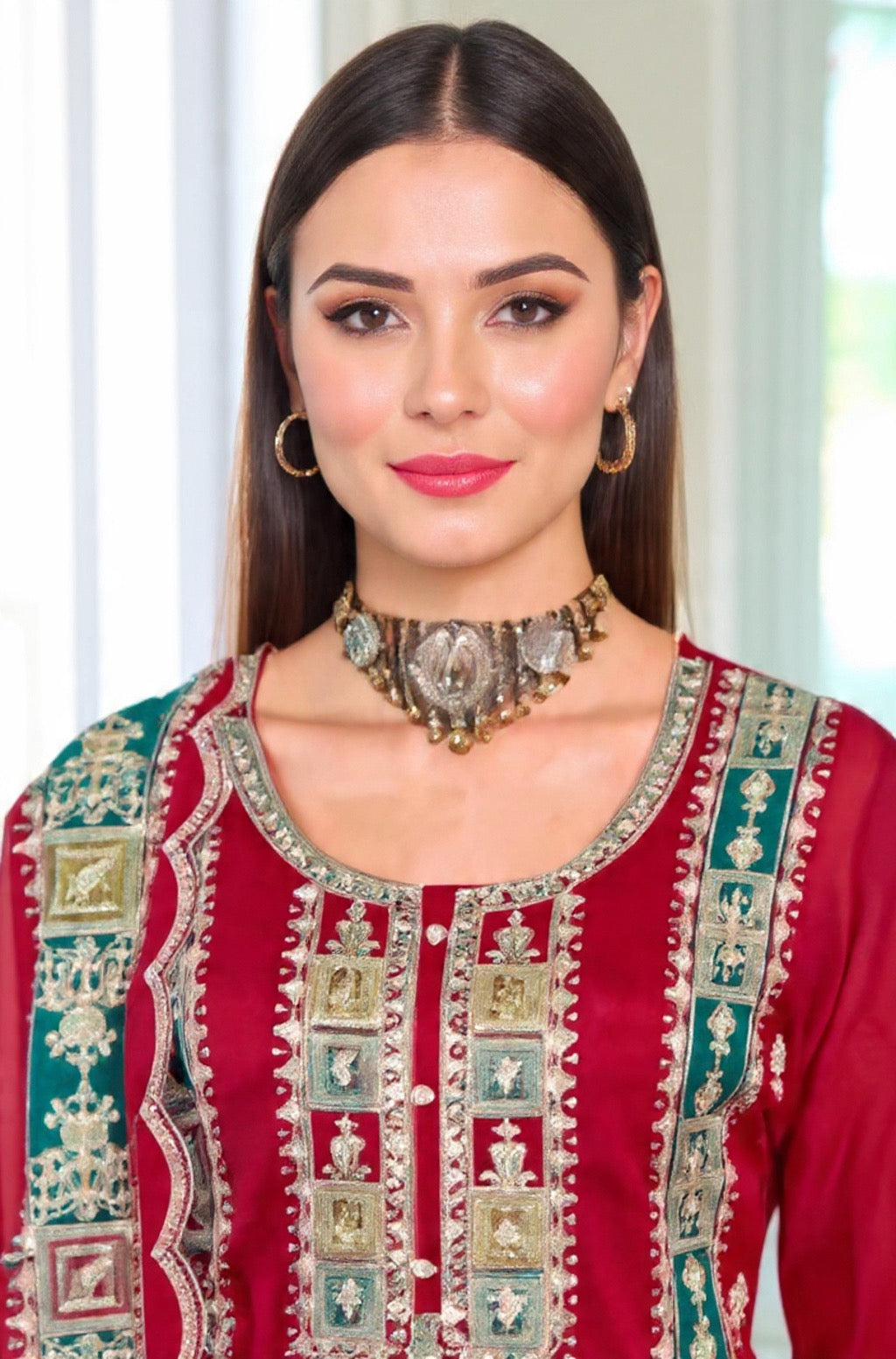 Red Embroidered Chinon Suit Set - Traditional Indian Ethnic Wear