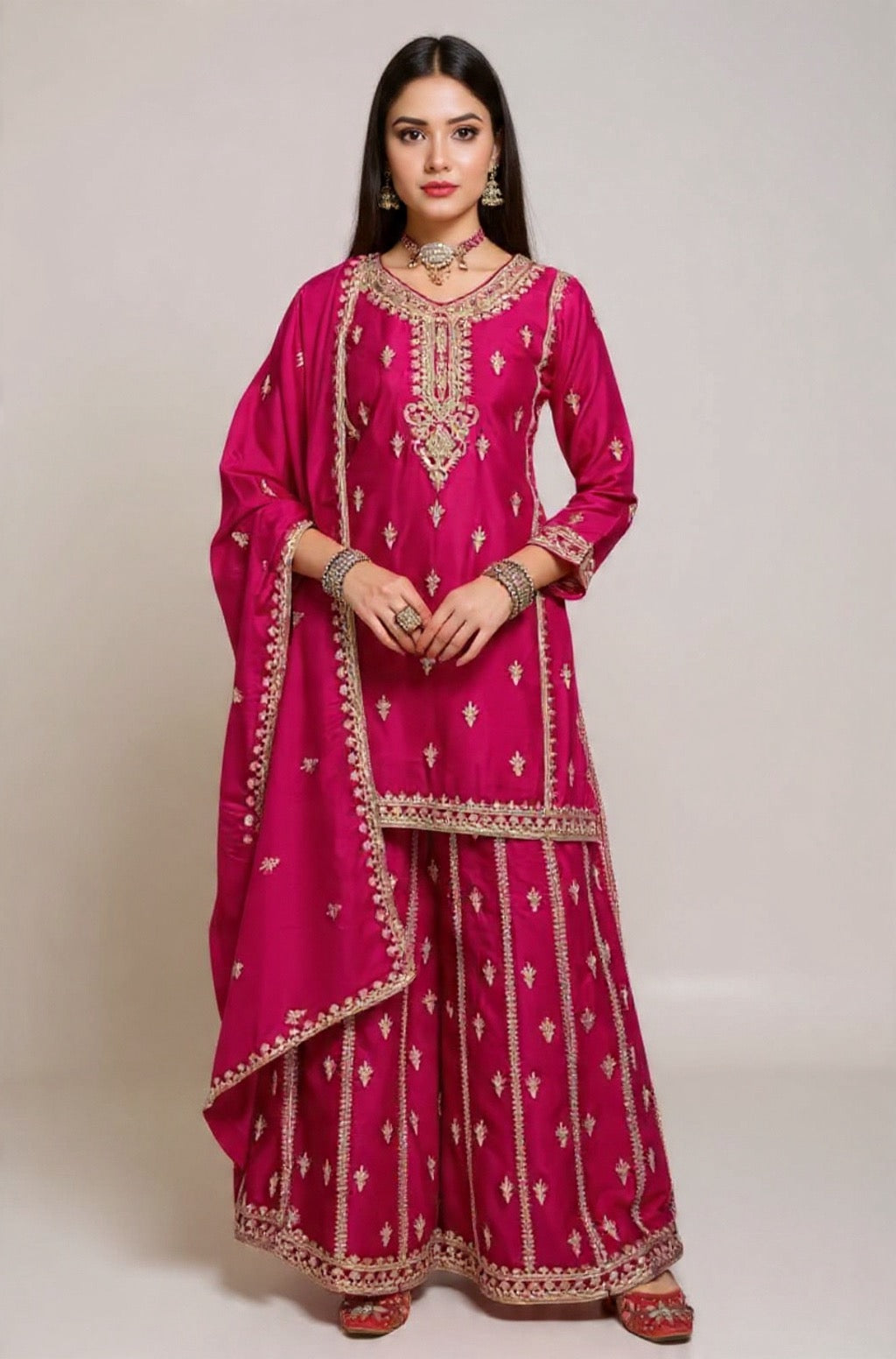 Pink Chinon Suit Set with Gold Embroidery - Traditional Indian Wear