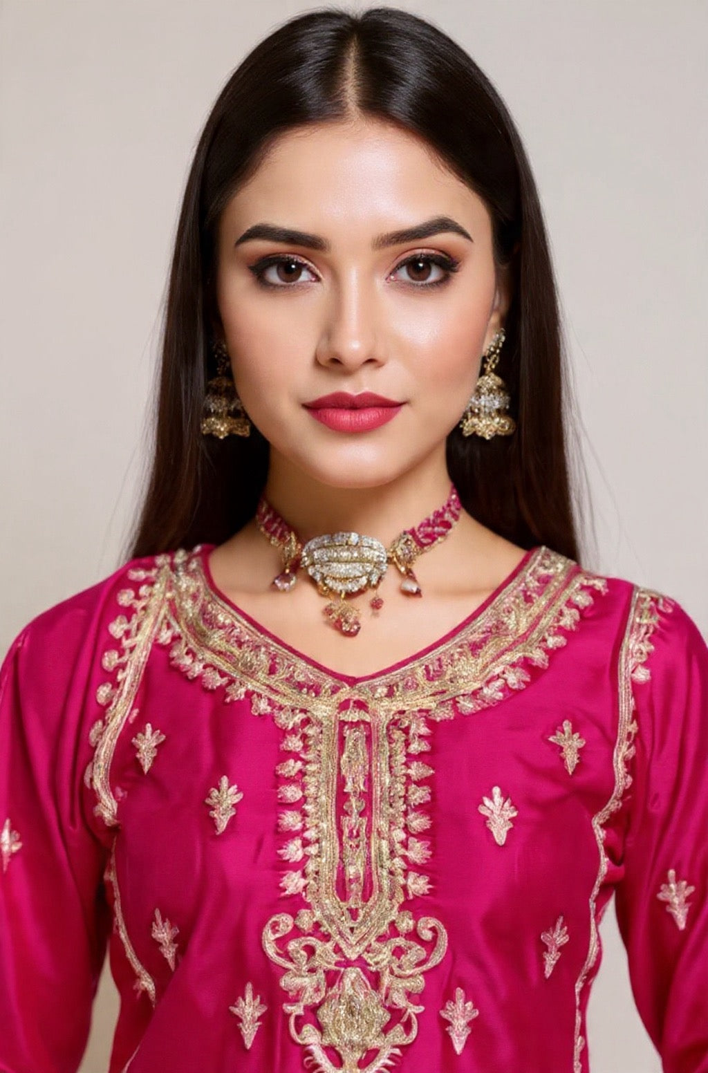 Pink Chinon Suit Set with Gold Embroidery - Traditional Indian Wear