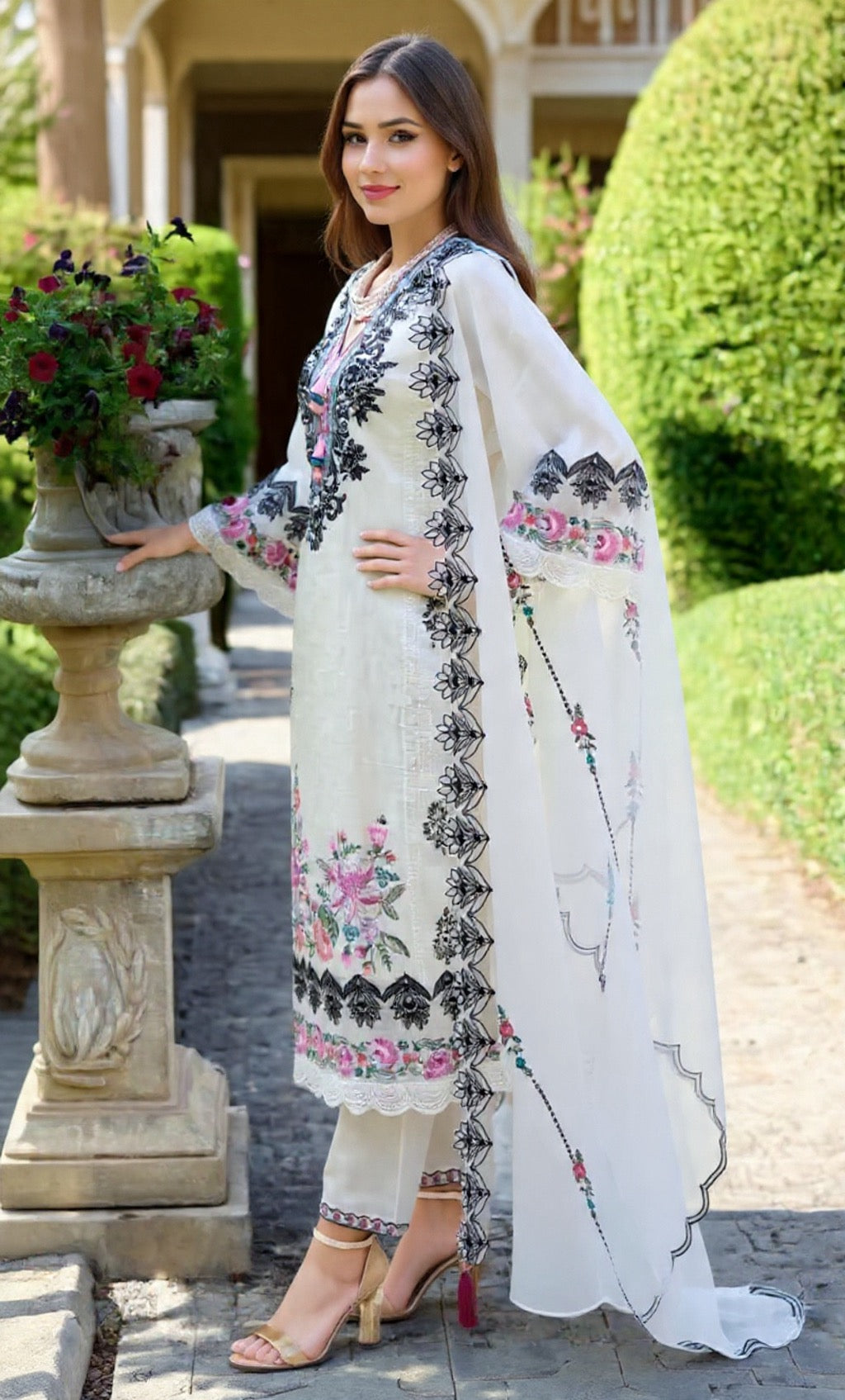 Women's Off-White Embroidered Pure Cotton Suit Set - Premium Quality