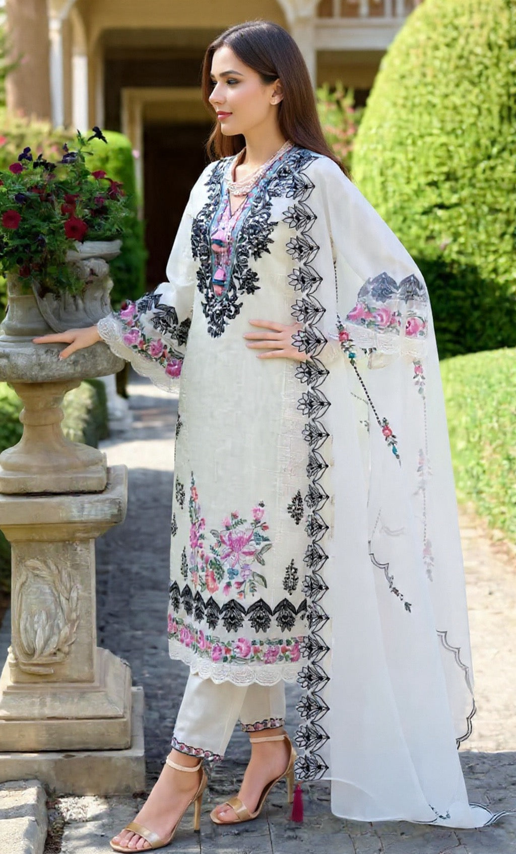 Women's Off-White Embroidered Pure Cotton Suit Set - Premium Quality