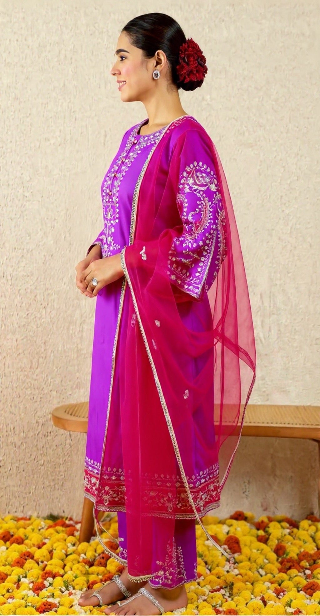 Women's Purple Embroidered Blended Silk Suit Set - Luxury Collection