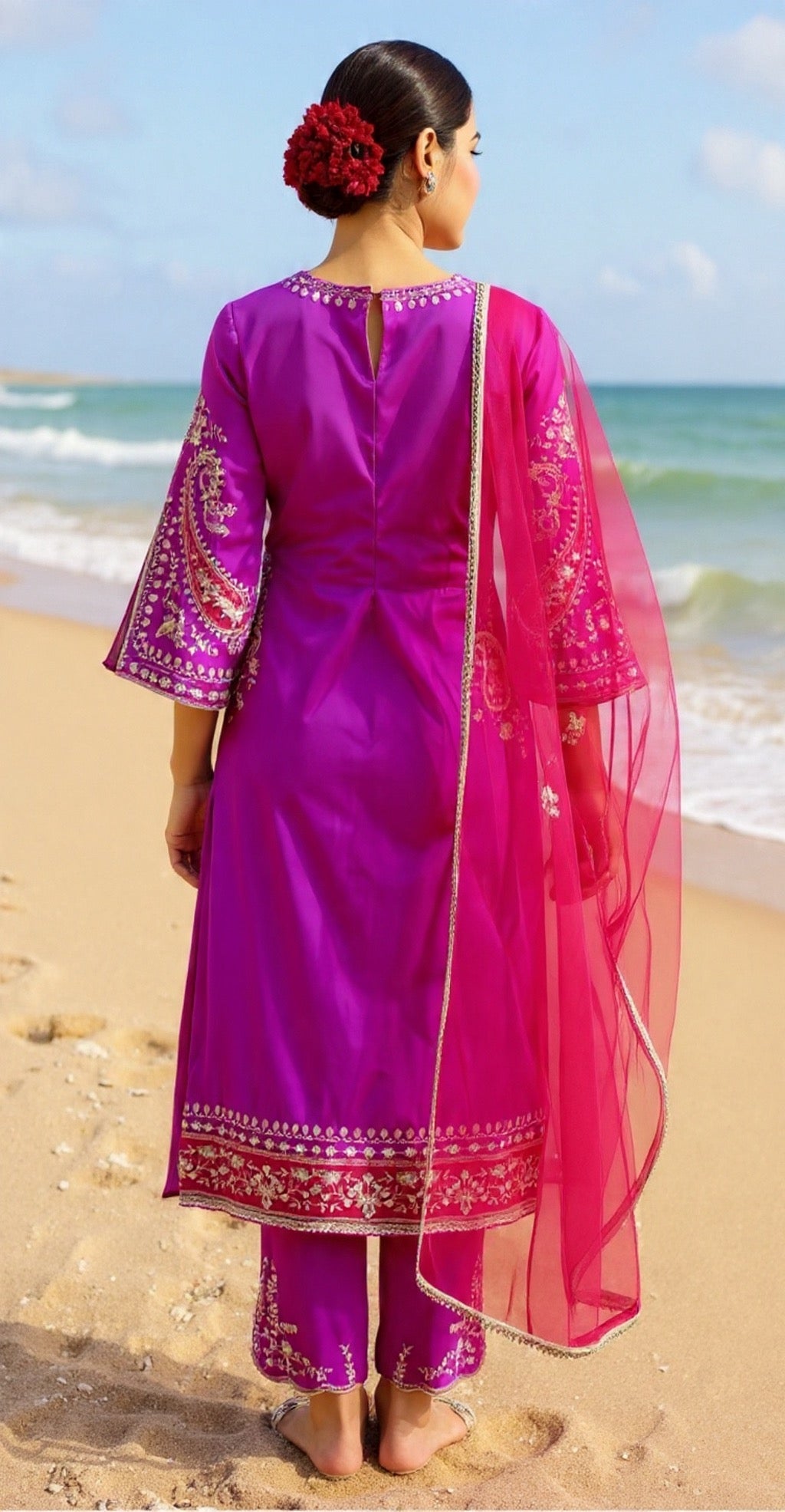 Women's Purple Embroidered Blended Silk Suit Set - Luxury Collection