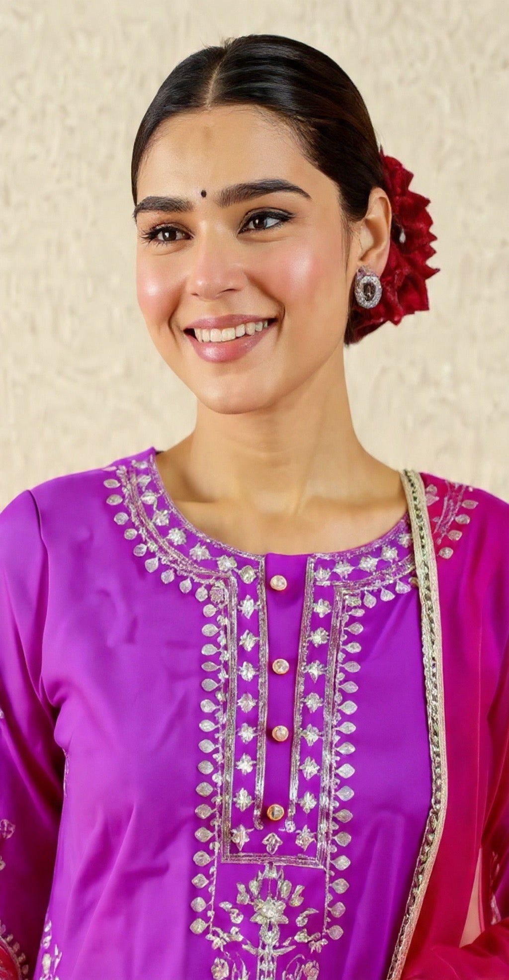 Women's Purple Embroidered Blended Silk Suit Set - Luxury Collection