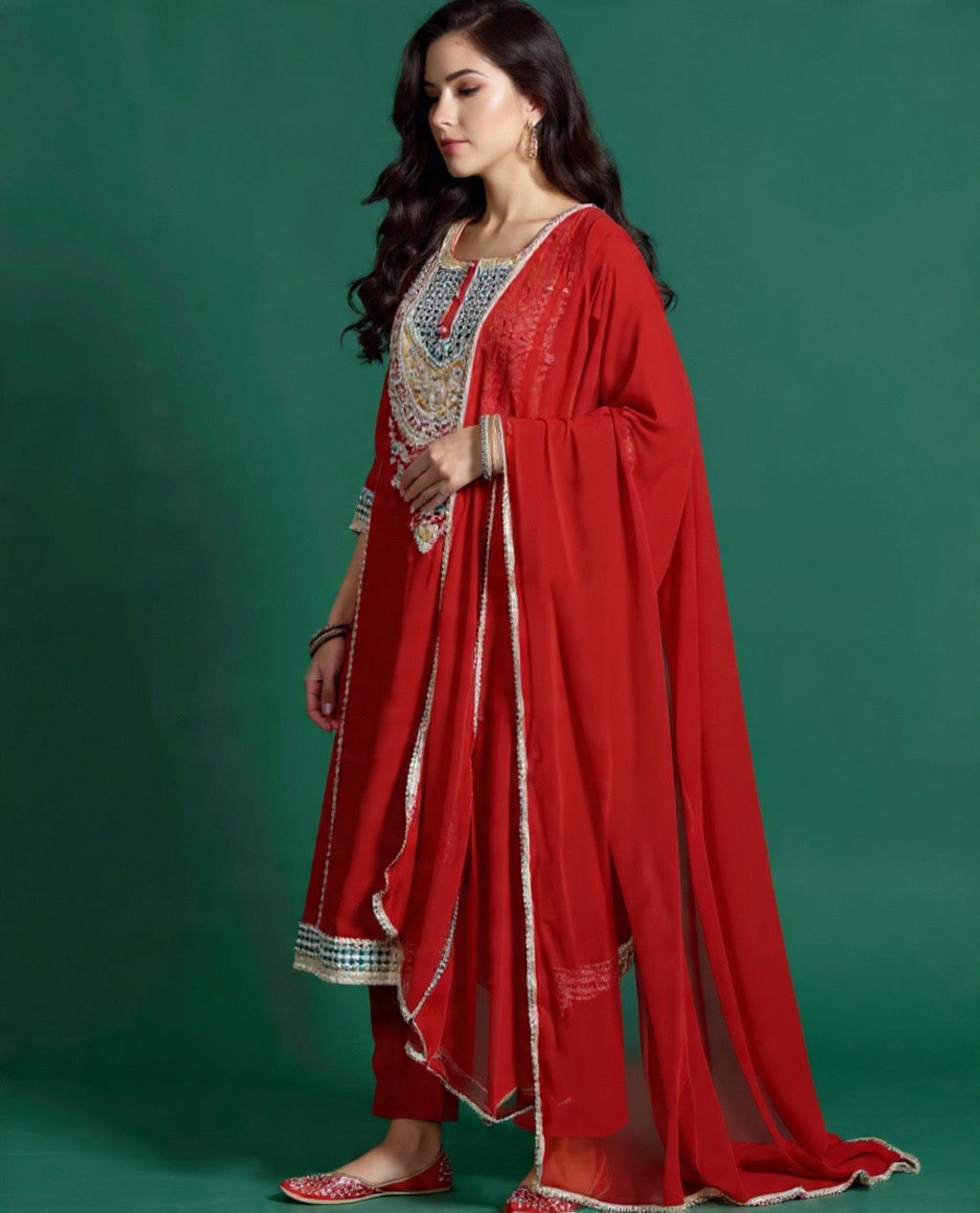 Women's Red Traditional Embroidered Blended Silk Suit Set - Festive Collection