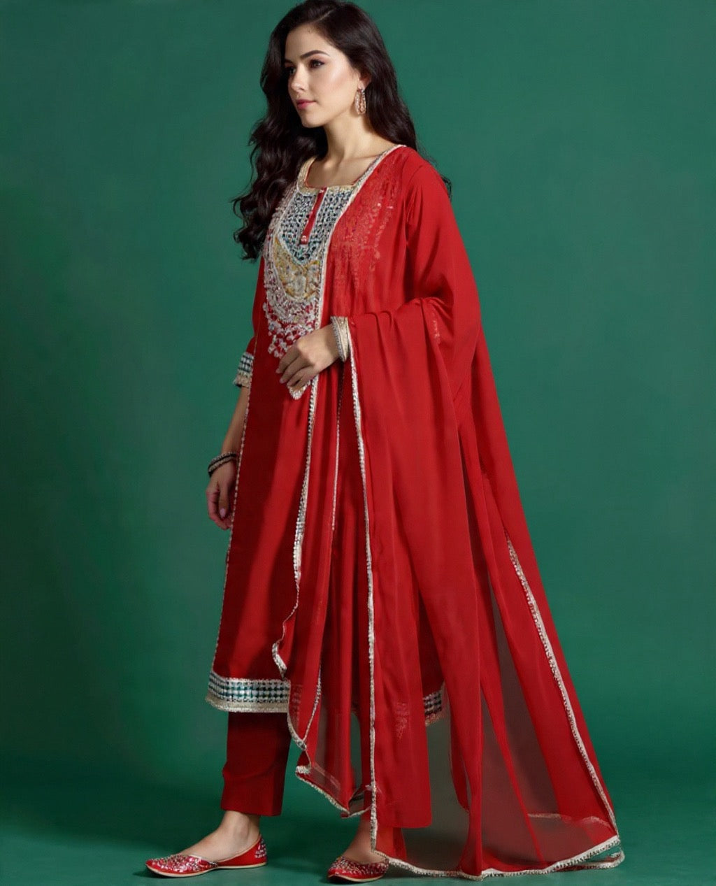 Women's Red Traditional Embroidered Blended Silk Suit Set - Festive Collection