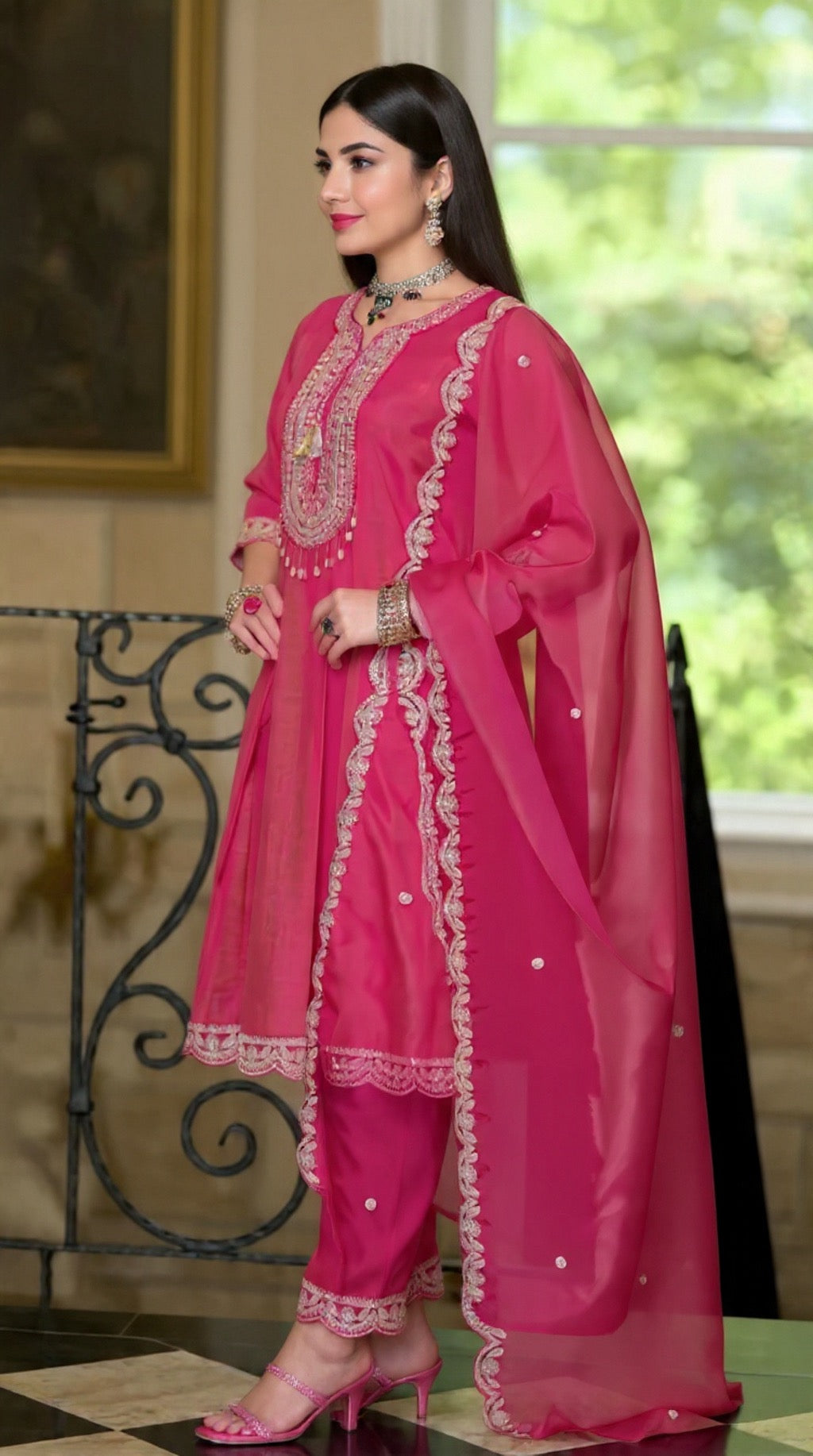 Women's Pink Traditional Embroidered Blended Silk Suit Set - Festive Wear