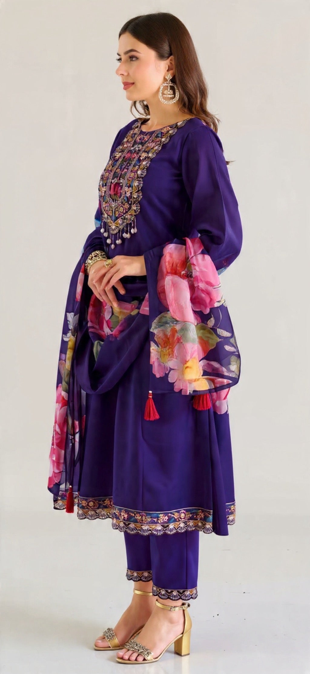 Women's Purple Embroidered Floral Cotton Suit Set - Comfortable & Elegant