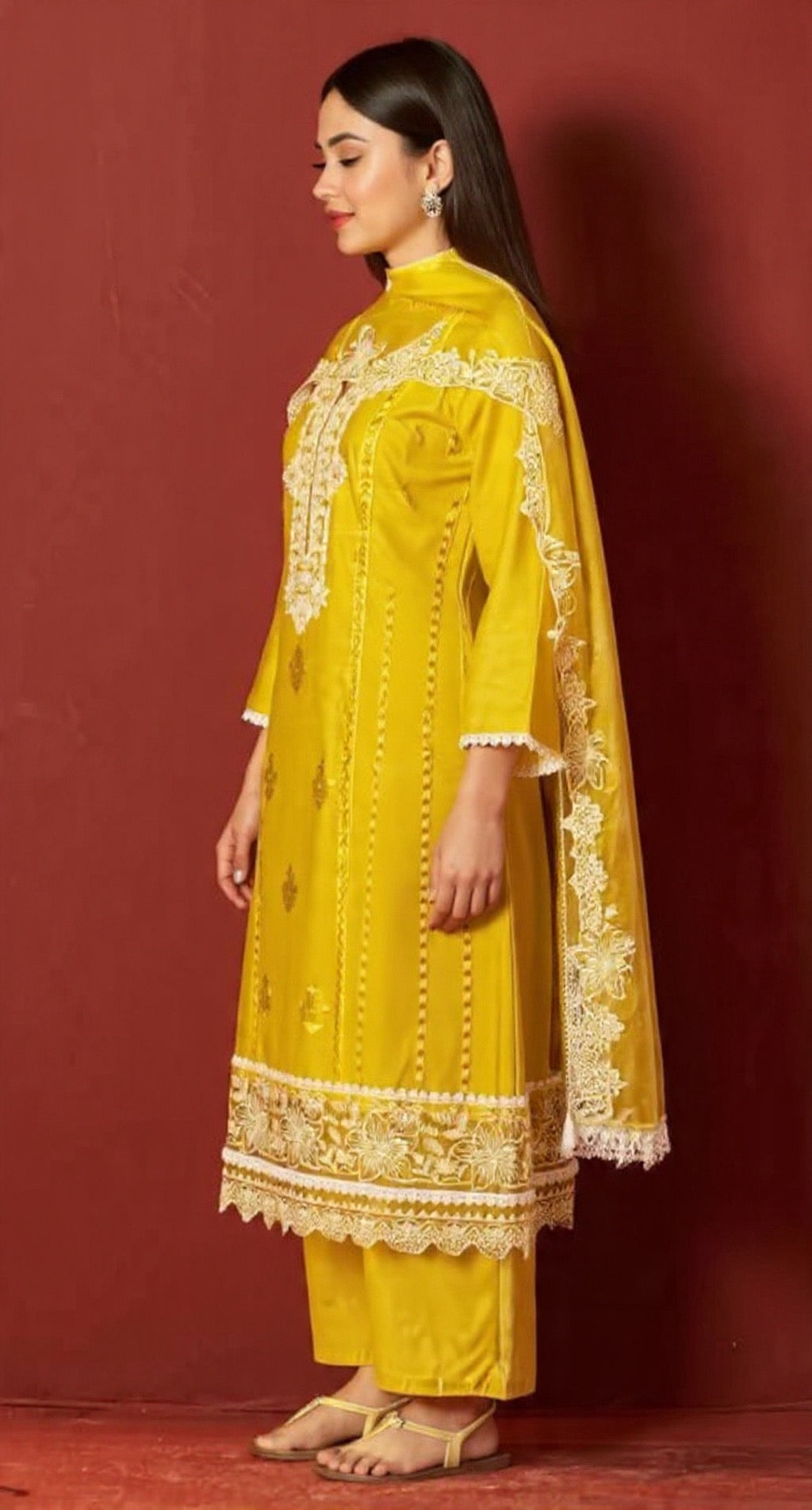Yellow Embroidered Traditional Silk Suit Set - Pooja Textile