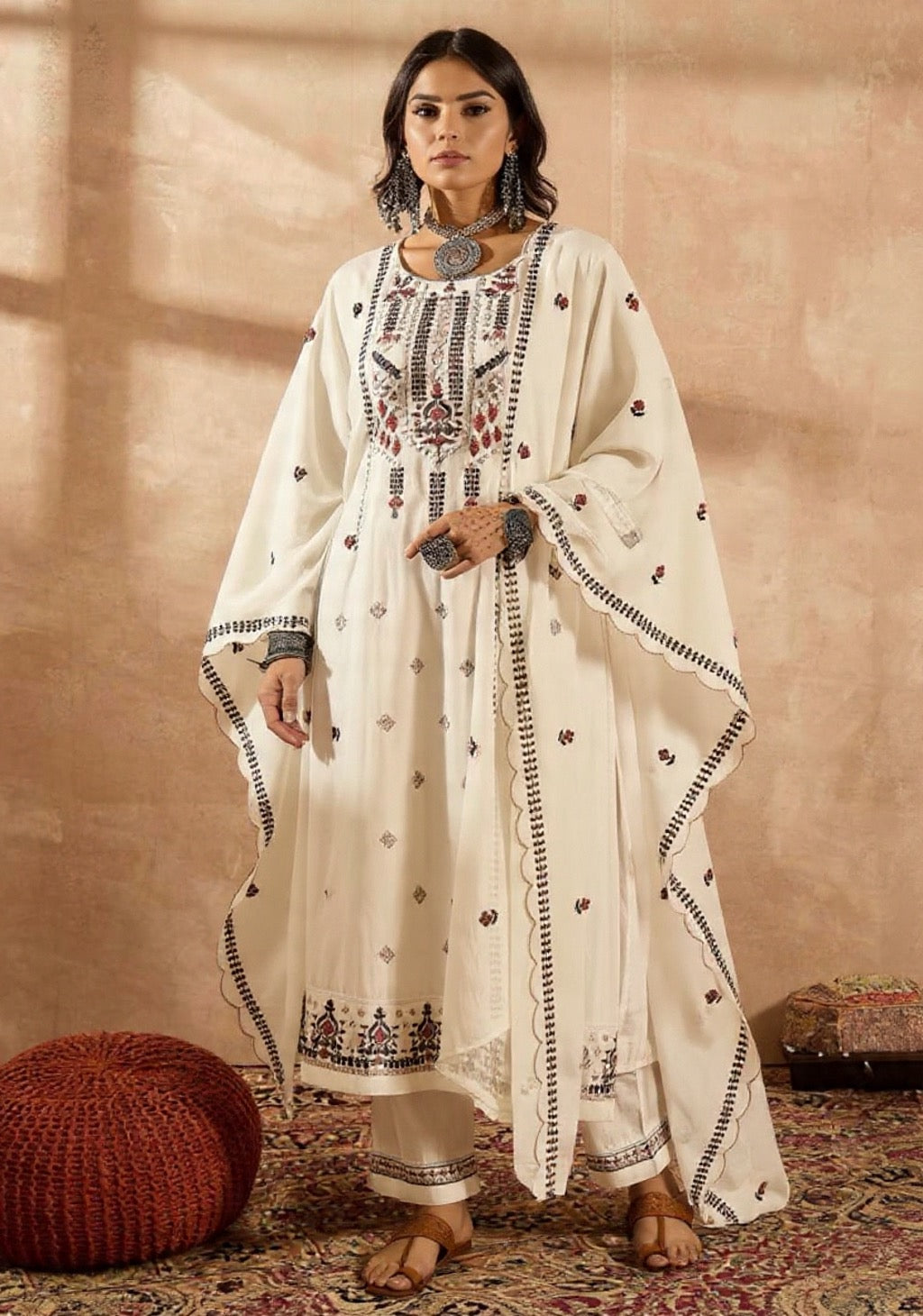Women's White Embroidered Traditional Pure Cotton Suit Set - Festive Wear