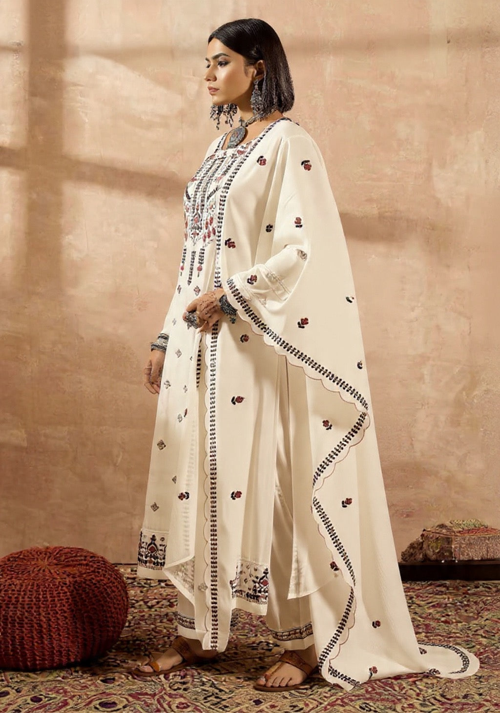 Women's White Embroidered Traditional Pure Cotton Suit Set - Festive Wear