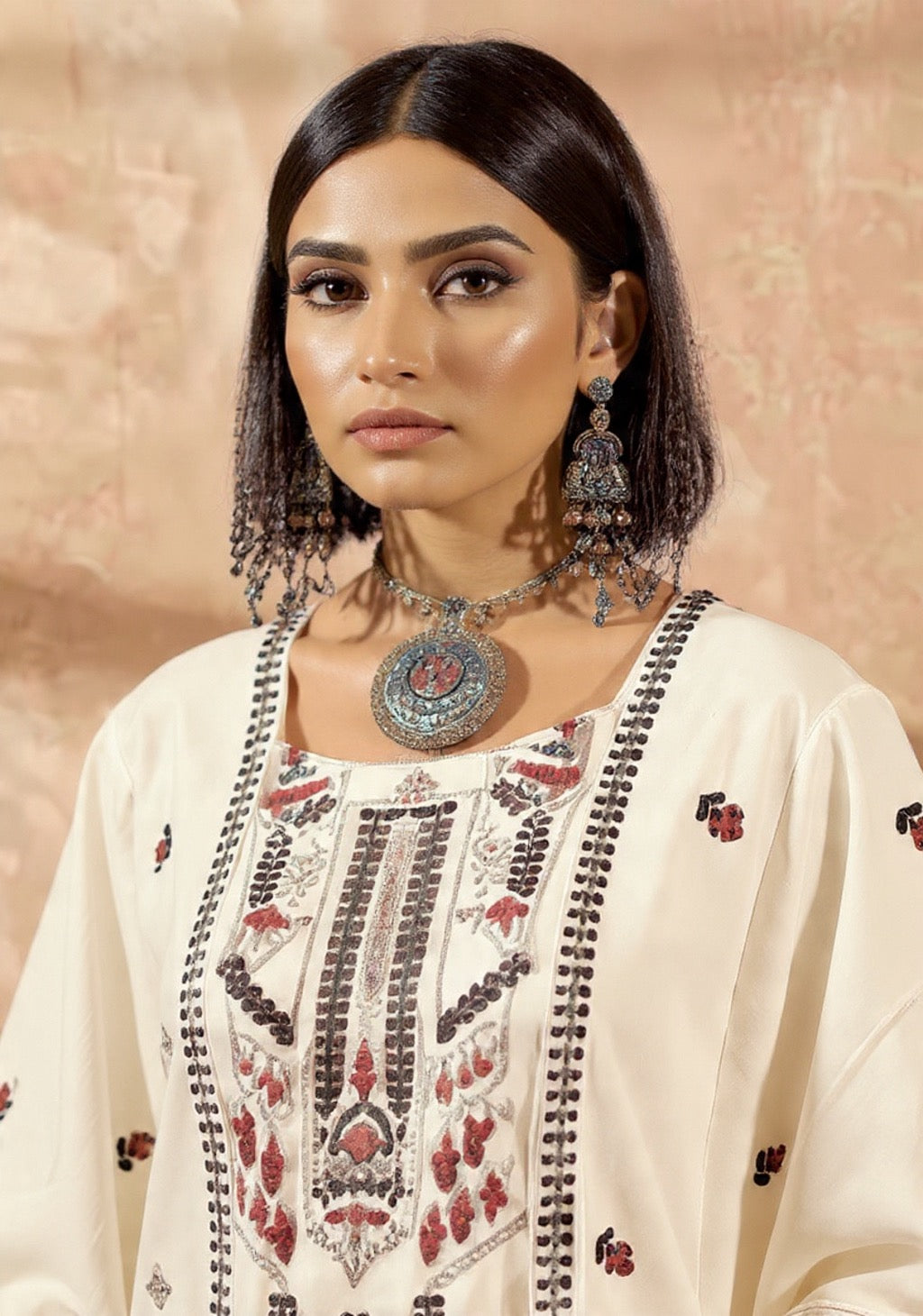 Women's White Embroidered Traditional Pure Cotton Suit Set - Festive Wear