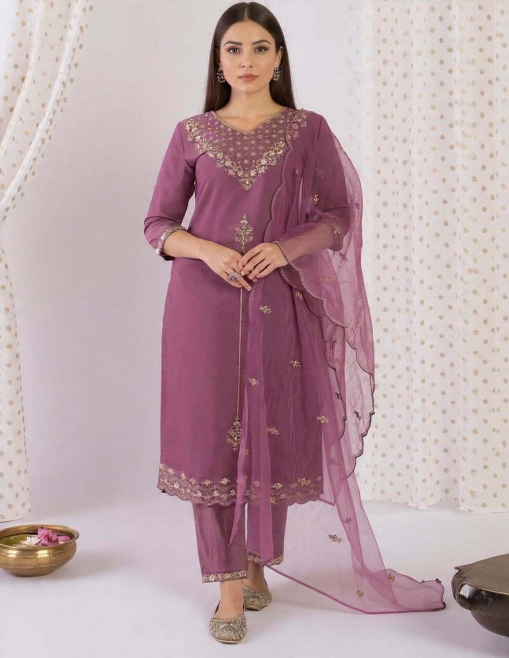 Purple Embroidered Blended Silk Suit Set with Sheer Dupatta - Traditional Wear