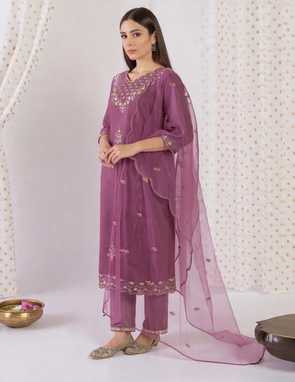 Purple Embroidered Blended Silk Suit Set with Sheer Dupatta - Traditional Wear