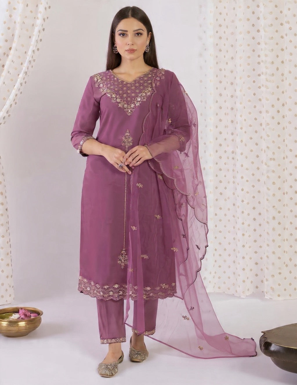 Purple Embroidered Blended Silk Suit Set with Sheer Dupatta - Traditional Wear