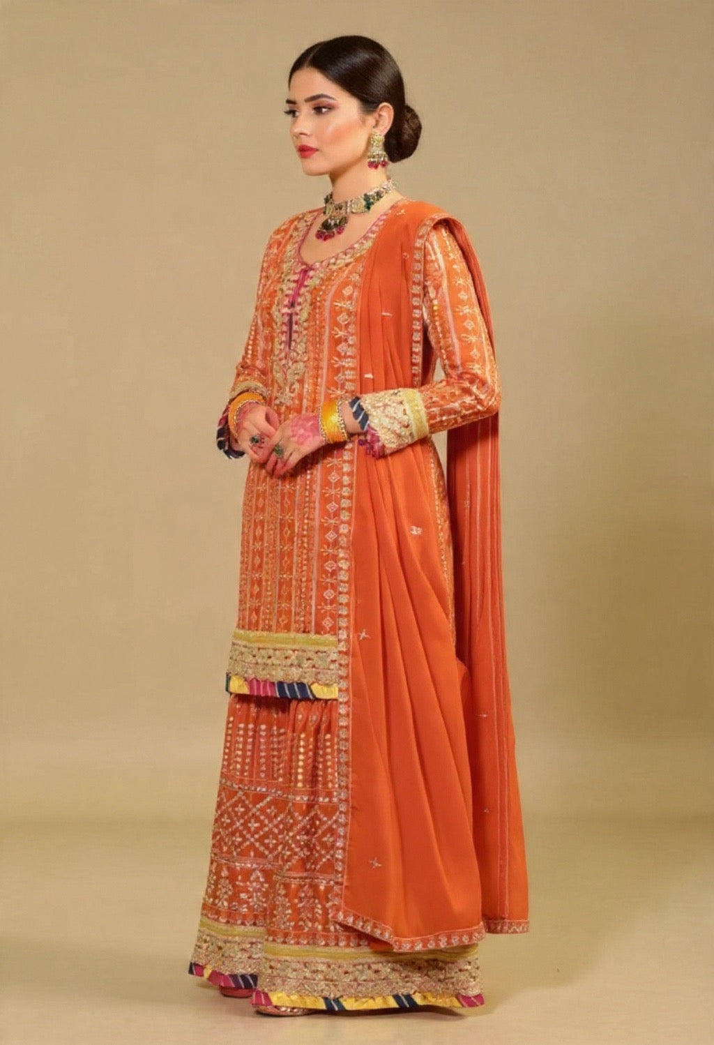 Orange Traditional Chinon Fabric Suit Set with Intricate Patterns - Ethnic Wear