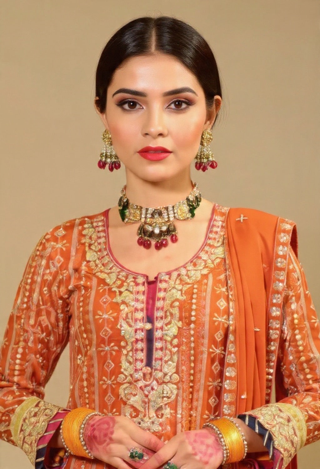 Orange Traditional Chinon Fabric Suit Set with Intricate Patterns - Ethnic Wear