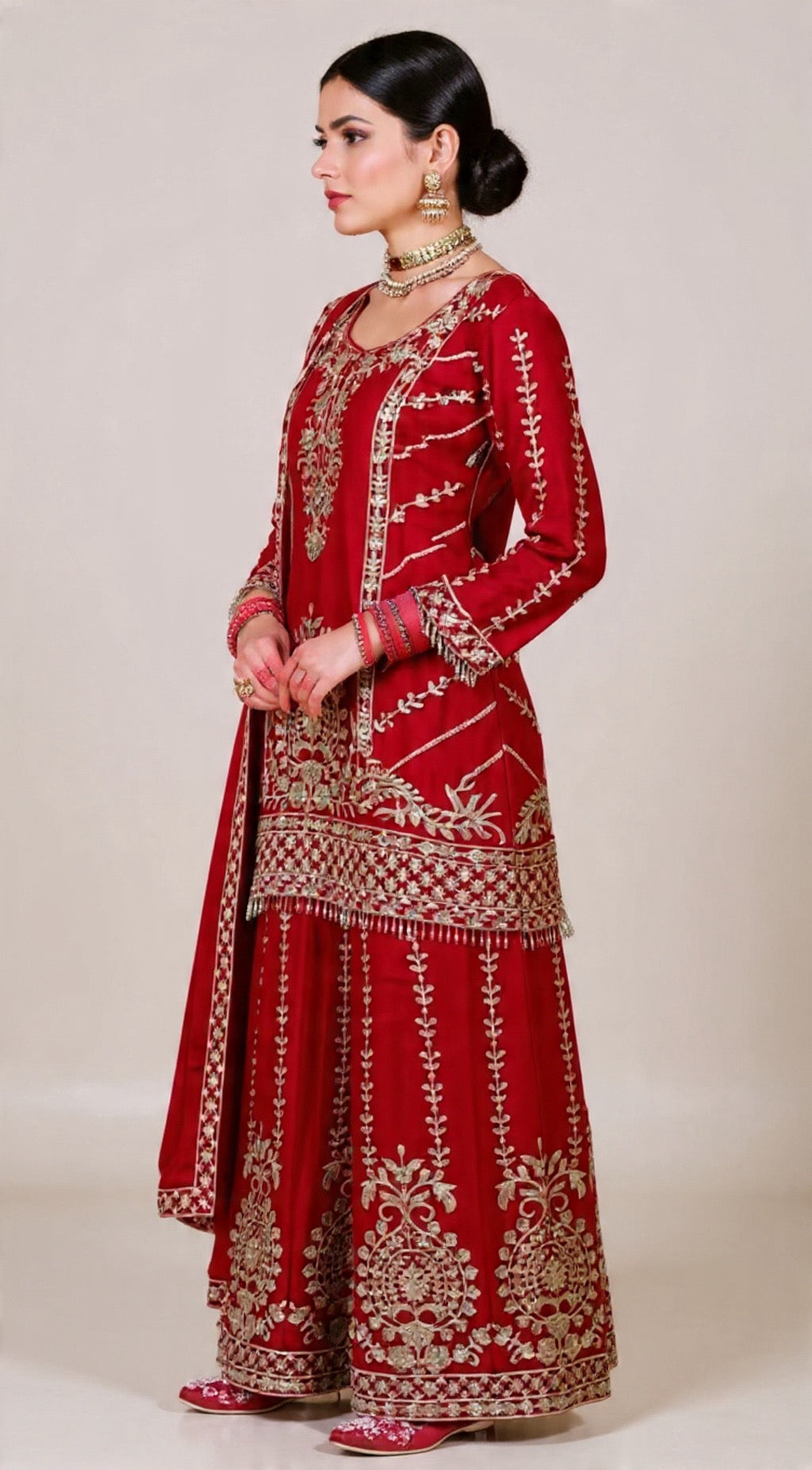 Red Embroidered Traditional Chinon Fabric Suit - Elegant Indian Wear
