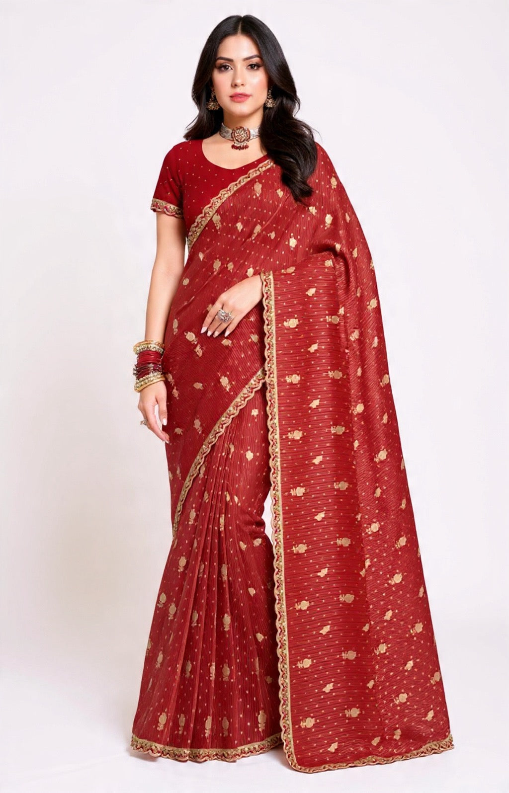 Red Saree with Gold Patterns Mix Fabric Embroidery Work - Pooja Textile