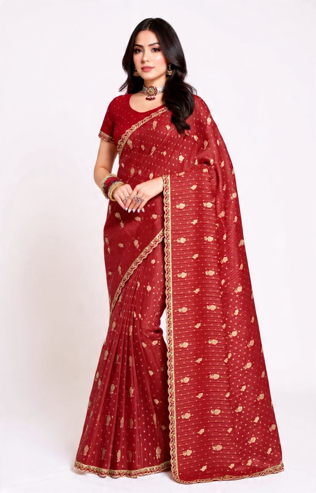 Red Saree with Gold Patterns Mix Fabric Embroidery Work - Pooja Textile