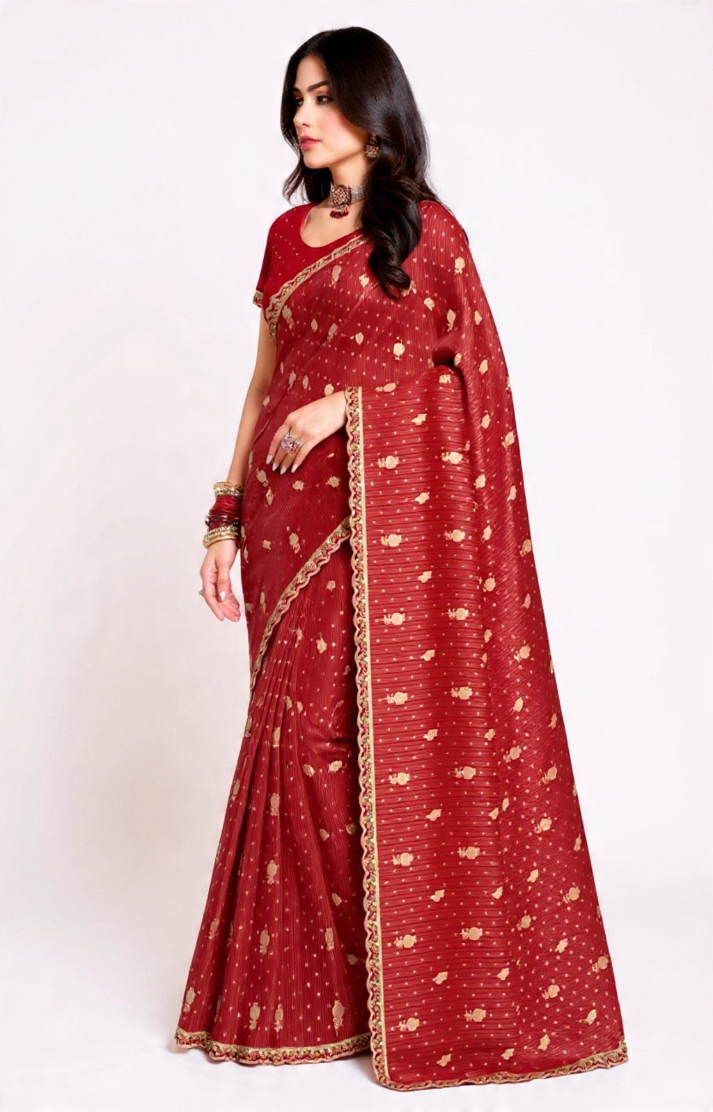 Red Saree with Gold Patterns Mix Fabric Embroidery Work - Pooja Textile