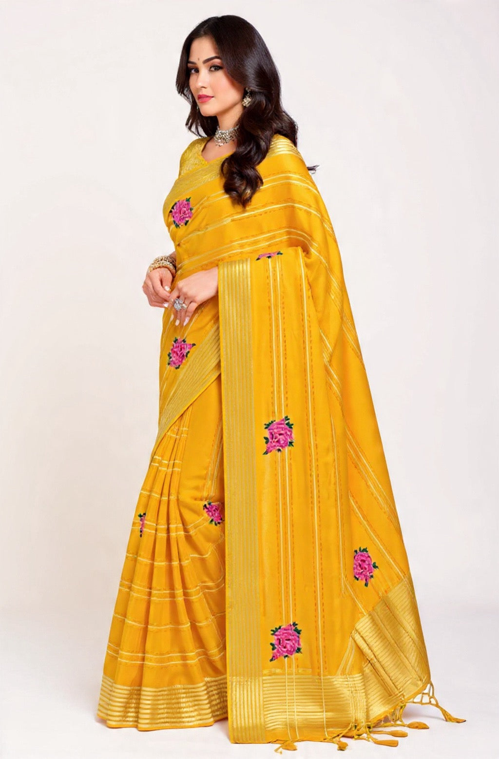 Yellow Embroidery Work Mix Fabric Saree - Pooja Textile