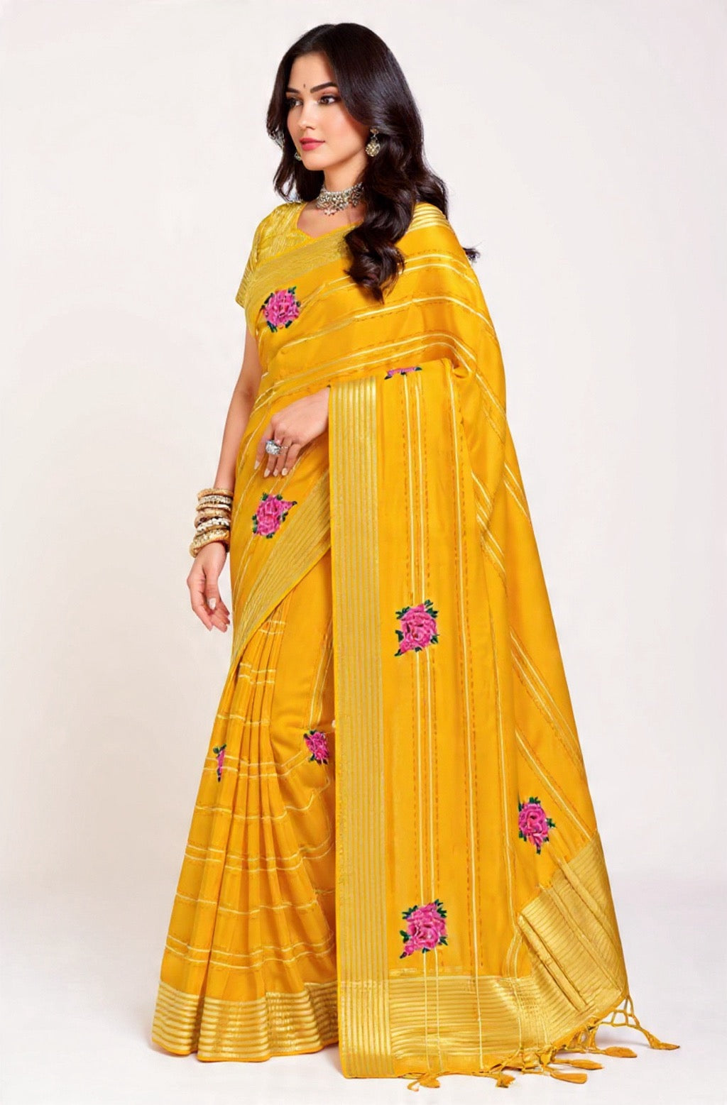 Yellow Embroidery Work Mix Fabric Saree - Pooja Textile
