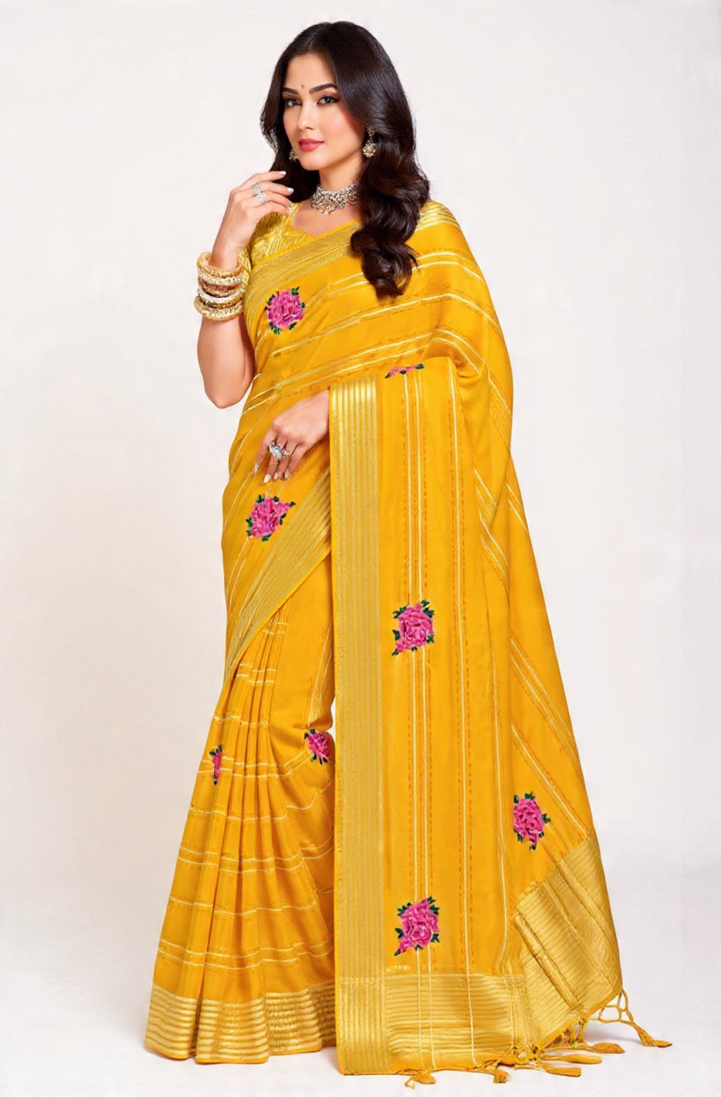 Yellow Embroidery Work Mix Fabric Saree - Pooja Textile