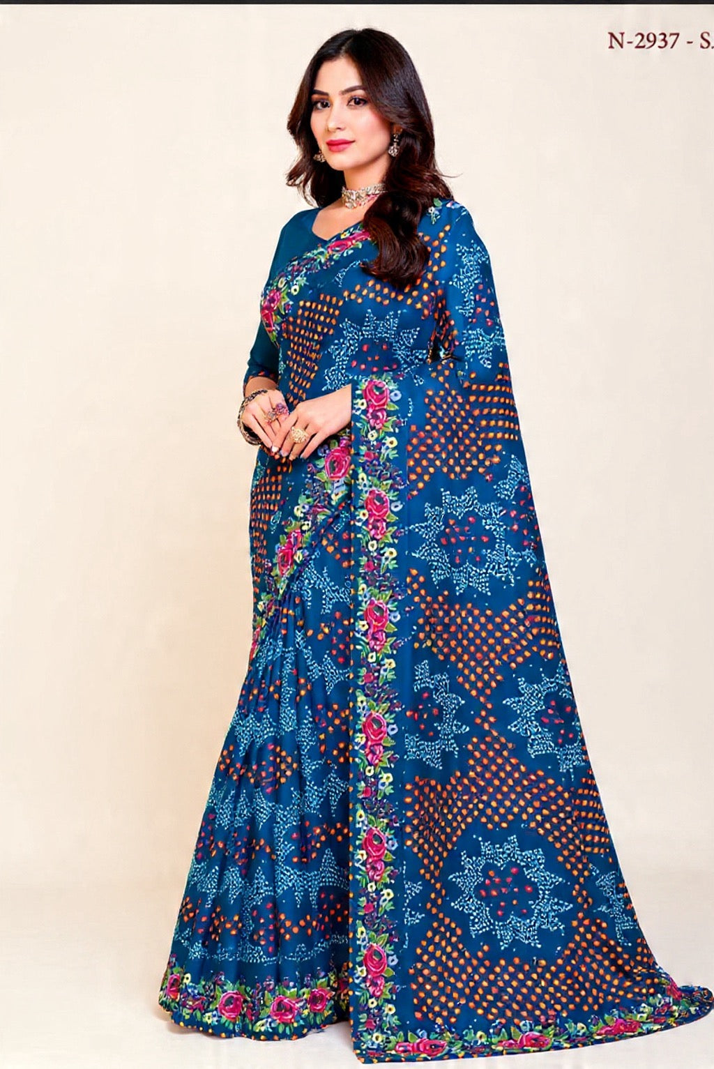 Blue Floral Saree Mix Fabric Embroidery Work - Pooja Textile
