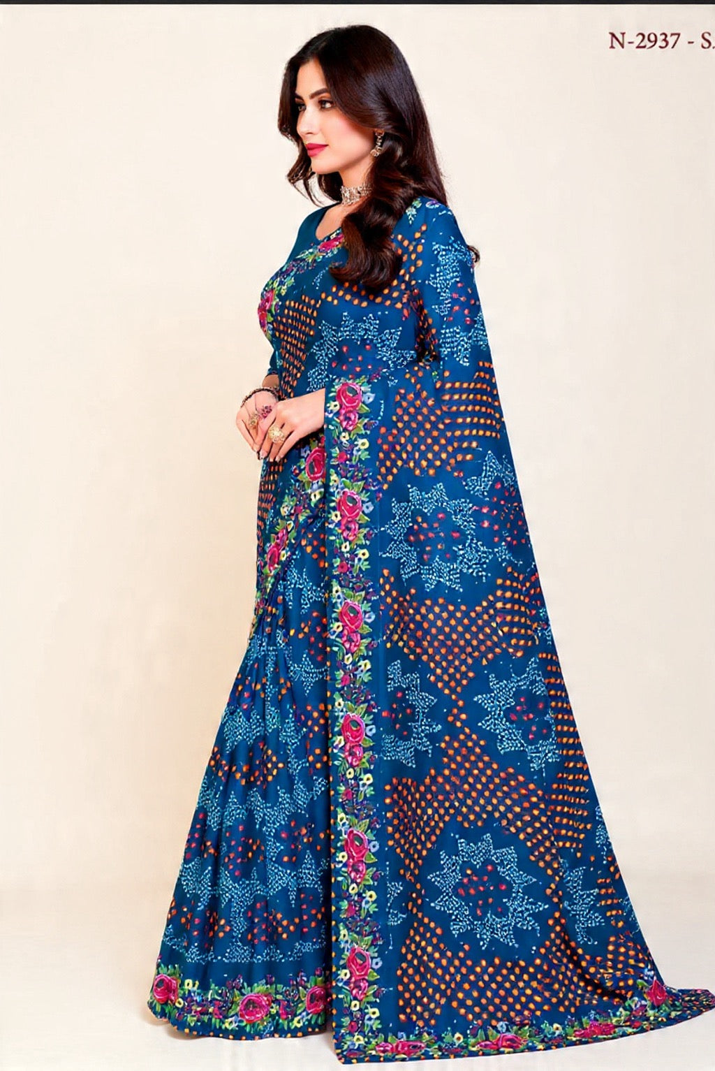 Blue Floral Saree Mix Fabric Embroidery Work - Pooja Textile