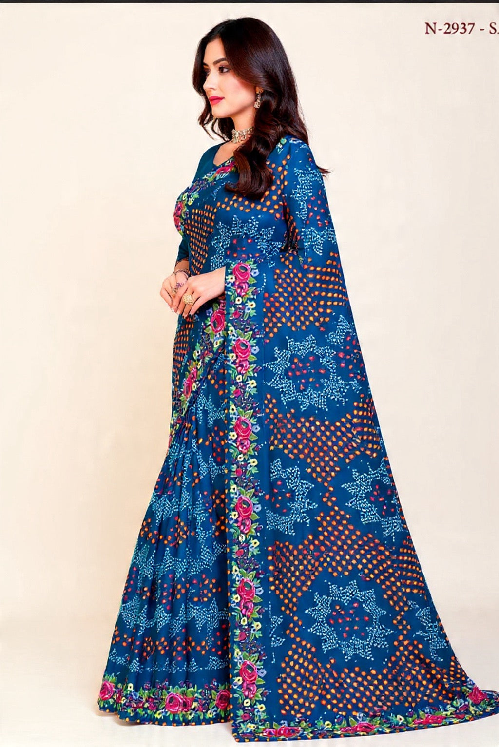 Blue Floral Saree Mix Fabric Embroidery Work - Pooja Textile