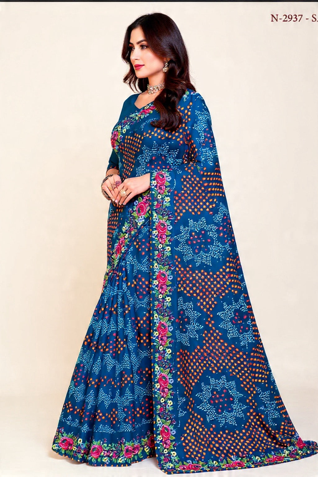 Blue Floral Saree Mix Fabric Embroidery Work - Pooja Textile