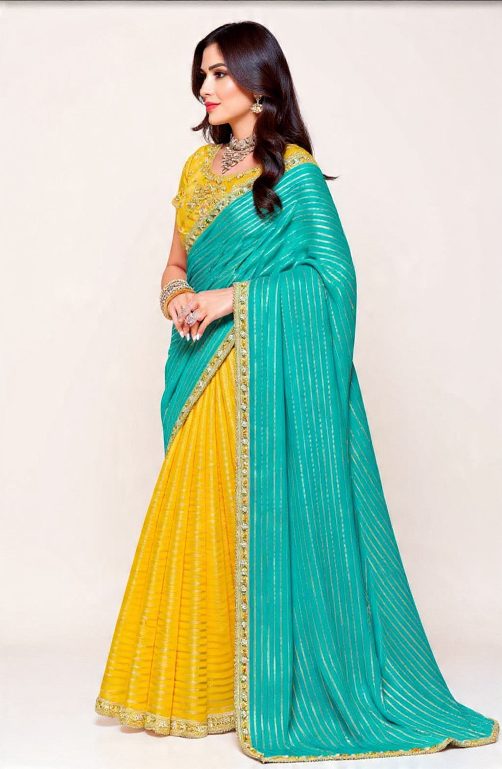 Yellow and Green Saree with Embroidery Work - Pooja Textile