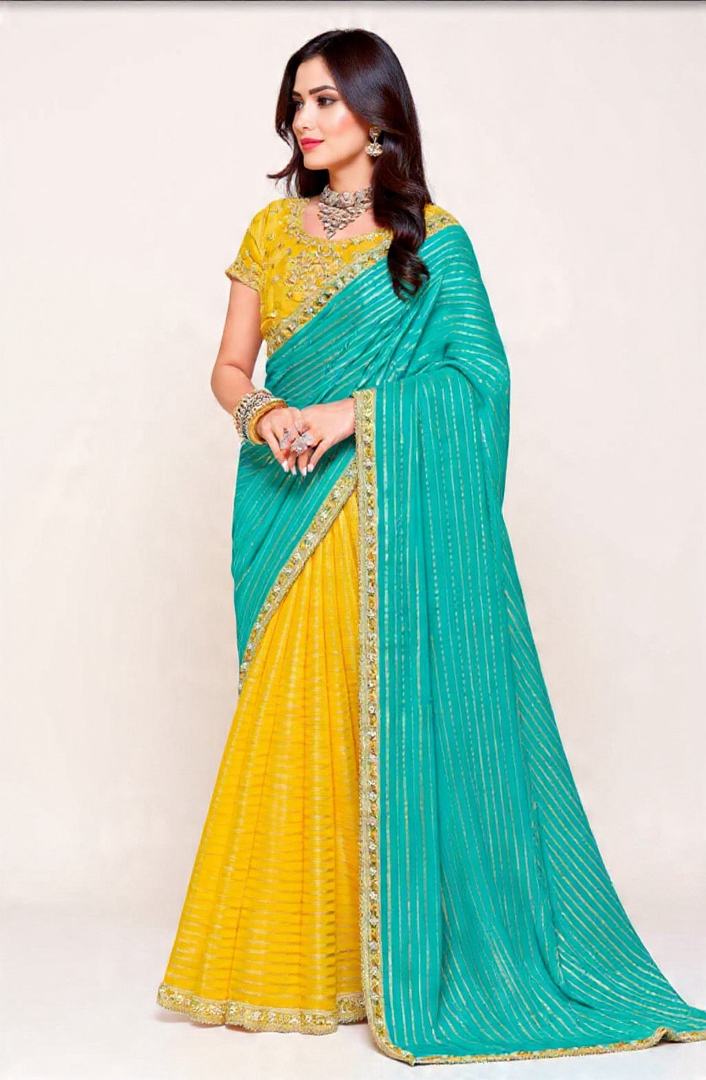 Yellow and Green Saree with Embroidery Work - Pooja Textile