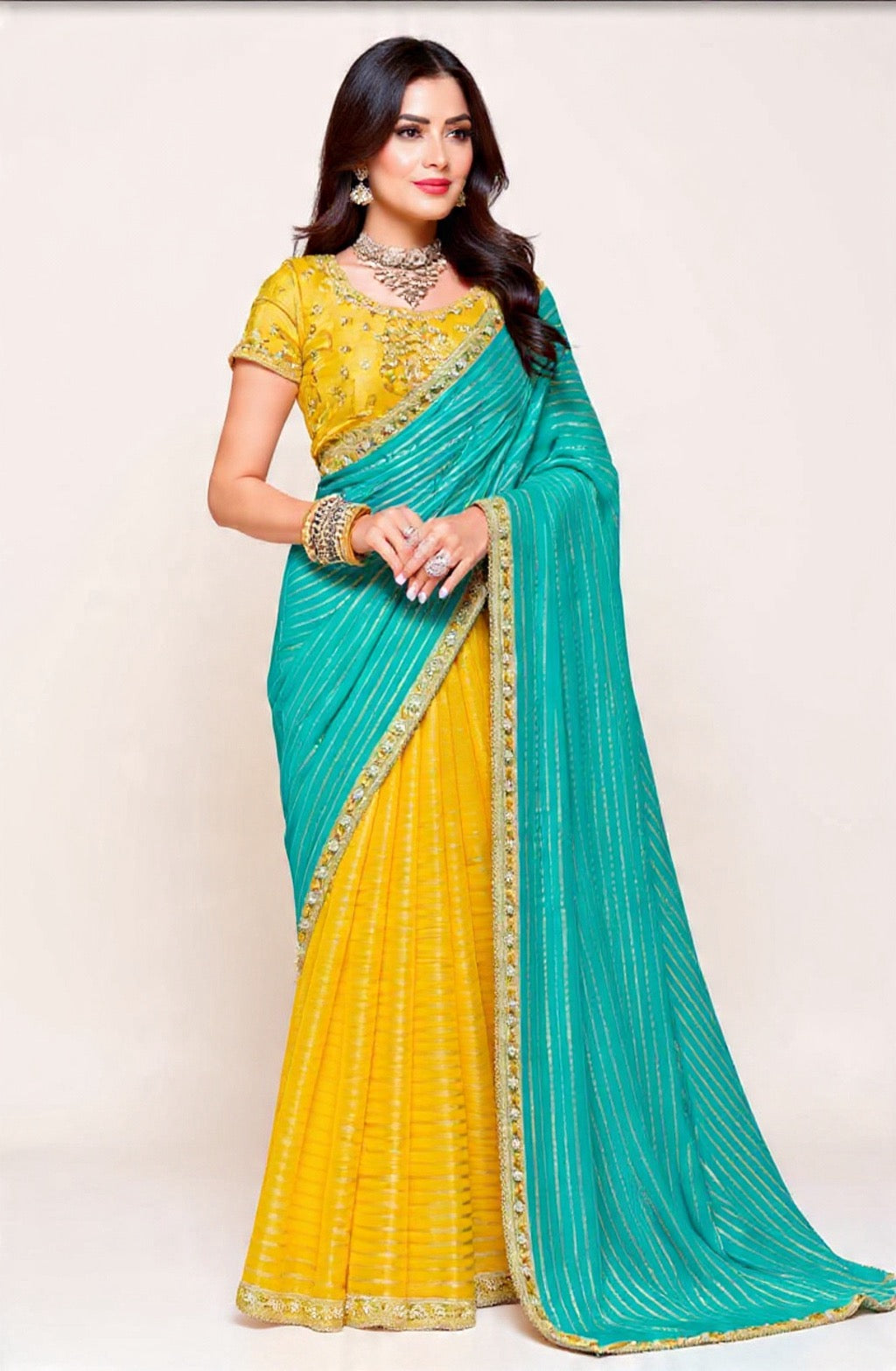 Yellow and Green Saree with Embroidery Work - Pooja Textile