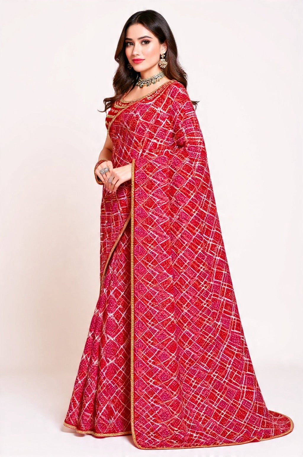 Red Saree with White Pattern Embroidery Work - Pooja Textile