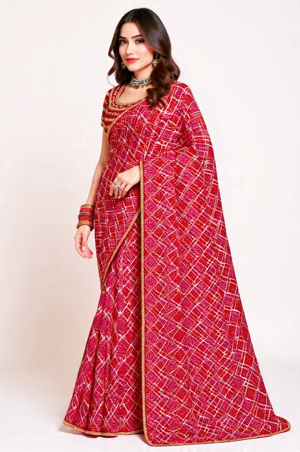 Red Saree with White Pattern Embroidery Work - Pooja Textile